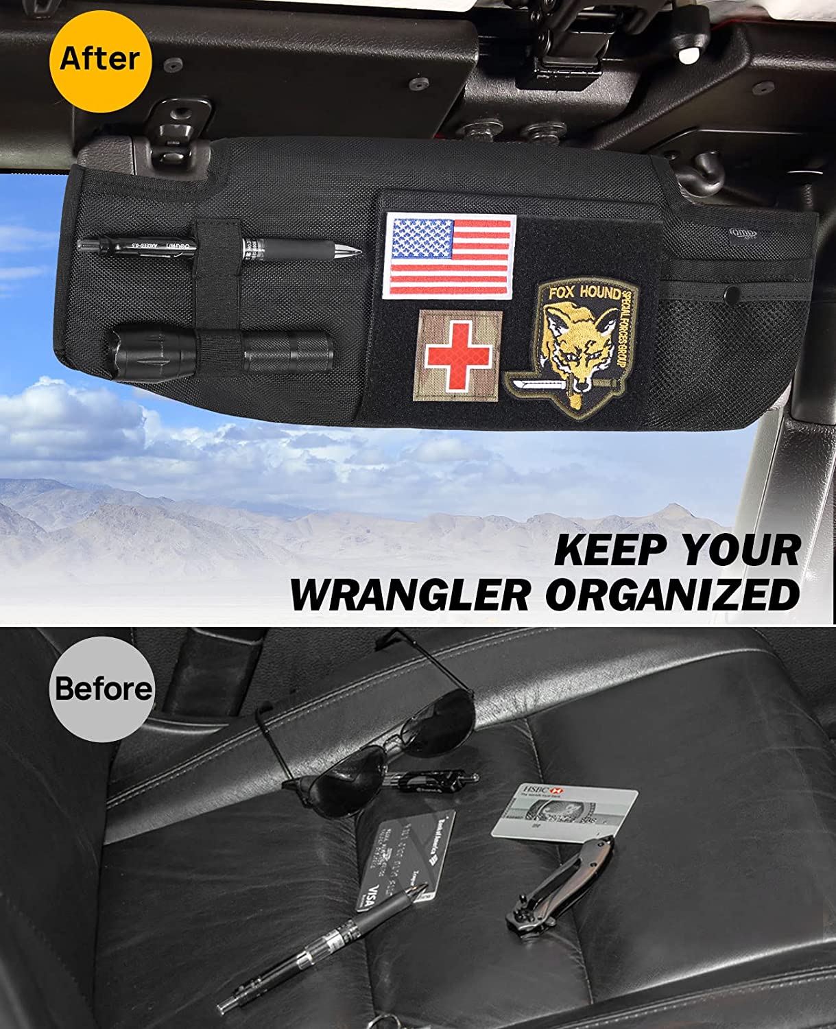 Upgraded Sun Visor Organizer Compatible with Wrangler JL & JT 2018-2023, QMPARTS Driver's Side Front Tactical Visor Storage Cover Molle Webbing Visor Storage Holder Pouch, Multi-Pocket Net Zipper - OMOTOR