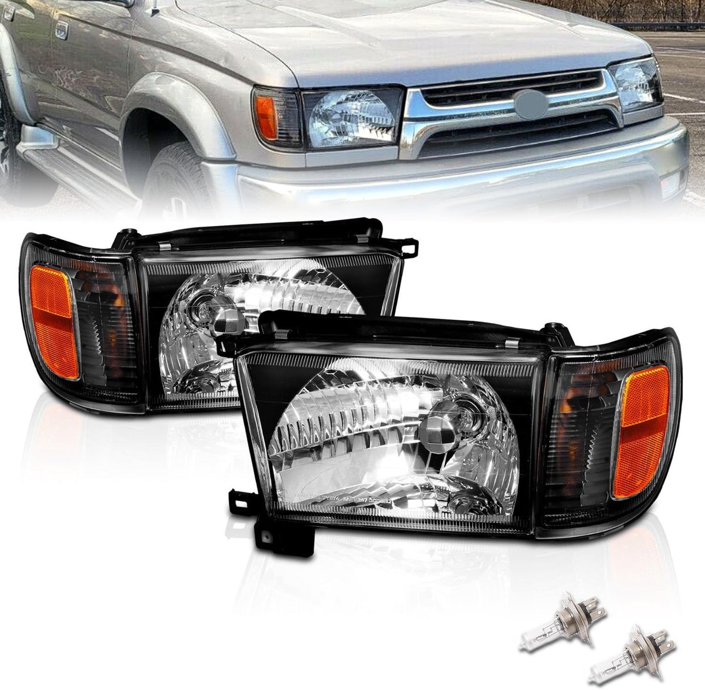 AmeriLite Replacement Halogen Headlights With Corner Lamp + Bracket For 1996-1998 Toyota 4Runner SUV N180 - Passenger and Driver Side, Vehicle Light Assembly, Black