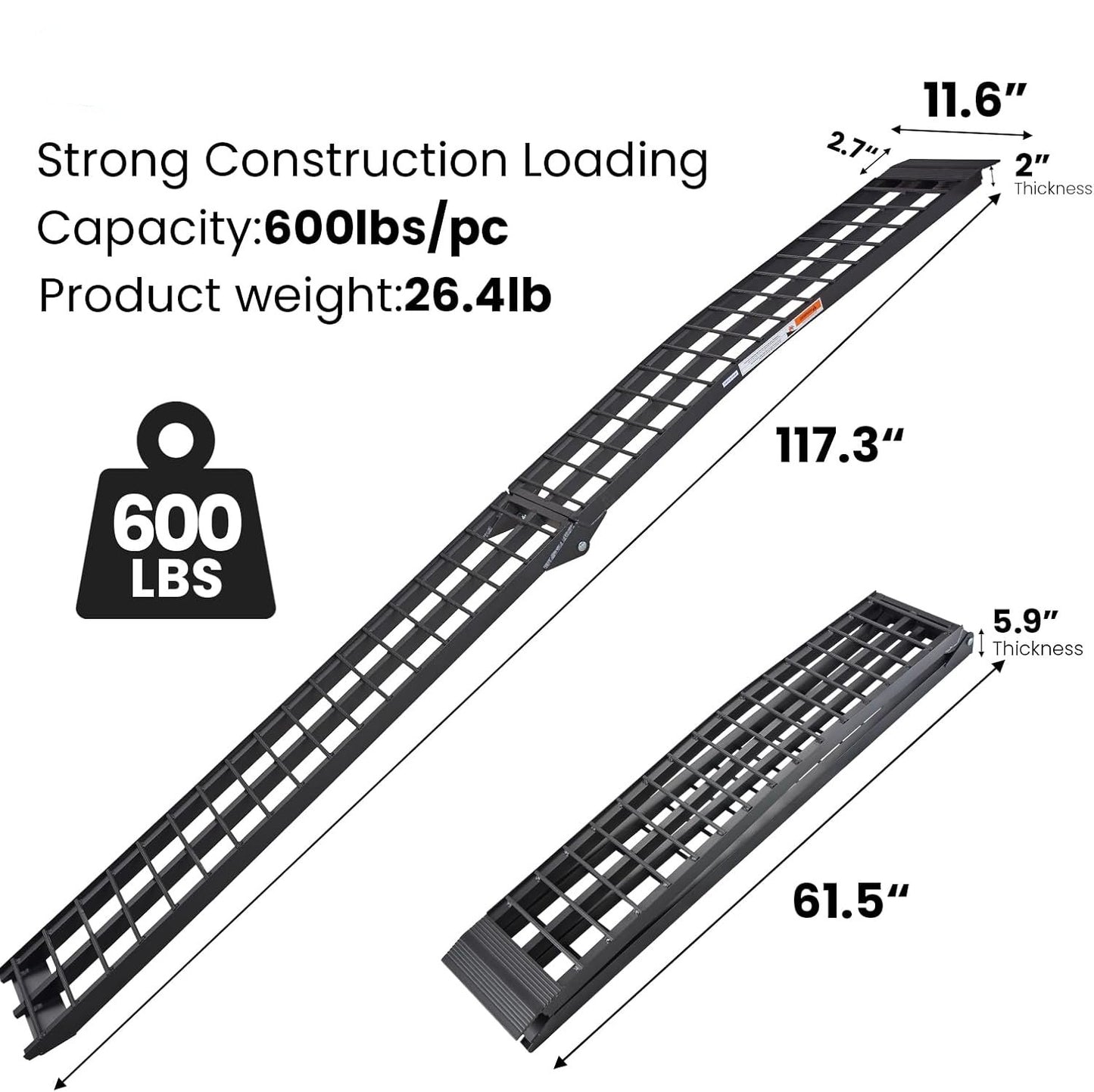 10ft Motorcycle Ramp - 600lb Capacity - Portable Loading Ramp for Motorcycles, Dirt Bikes, Bicycles - 120"x11.6" Black Ramp - OMOTOR