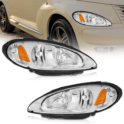 2001-2005 Chrysler PT Cruiser Replacement Headlight Assemblies - Chrome Housing, Amber Reflector
