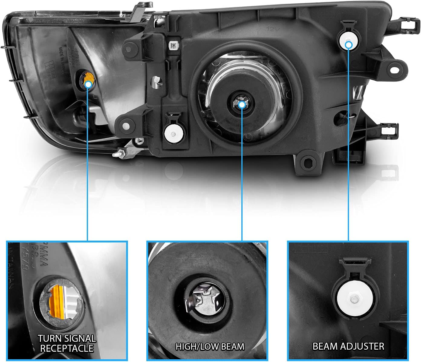 AmeriLite Replacement Halogen Headlights With Corner Lamp + Bracket For 1996-1998 Toyota 4Runner SUV N180 - Passenger and Driver Side, Vehicle Light Assembly, Black
