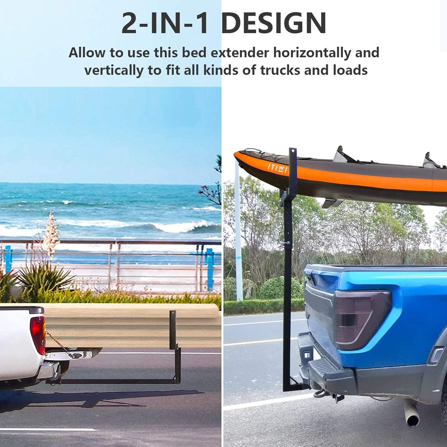 Truck Bed Extender, 2 in 1 Design Foldable Kayak Hitch Extender, 850lbs Load Capacity Pick Up Truck Bed Hitch Mount Extension Rack for Canoe Boat Kayak Lumber/Black - OMOTOR