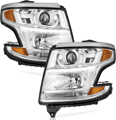 Headlights for 2015-2020 Chevy Tahoe/Suburban & 2016-2019 Chevy 3500HD - Chrome/Black Housing with Amber Reflector