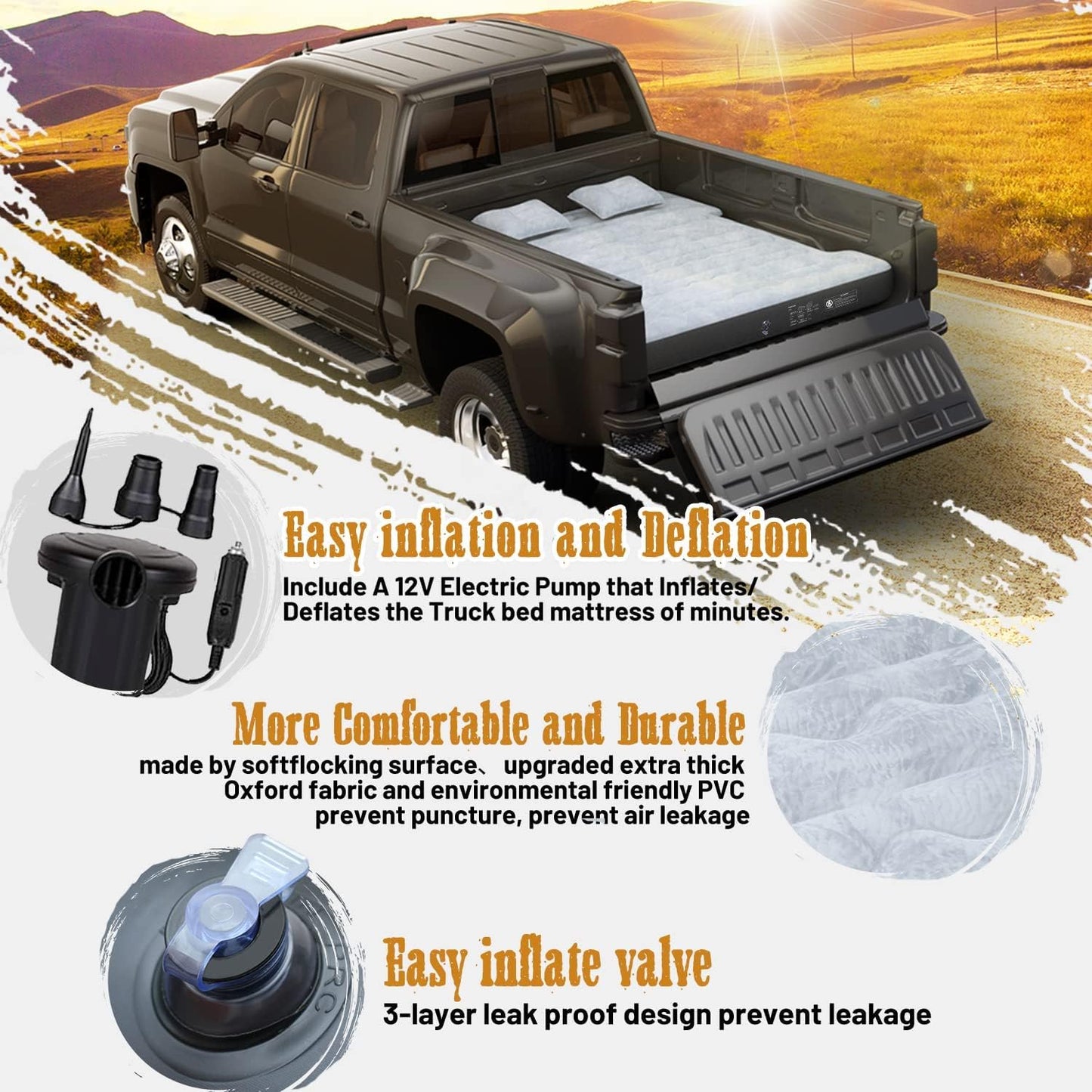 Inflatable Truck Bed Air Mattress for Full Size Short Truck Beds, 5.5-5.8ft, with Pump & Carry Bag. Perfect for Outdoor Adventures. - OMOTOR