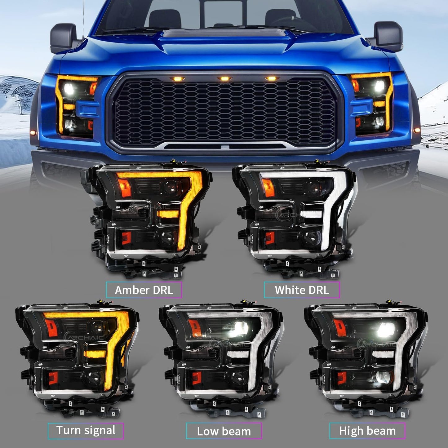 LED Headlights Assembly Compatible with 2015-2017 Ford F150 Pickup XL/XLT/Lariat/King Ranch/Platinum/Limited F150 Raptor 2017-2020