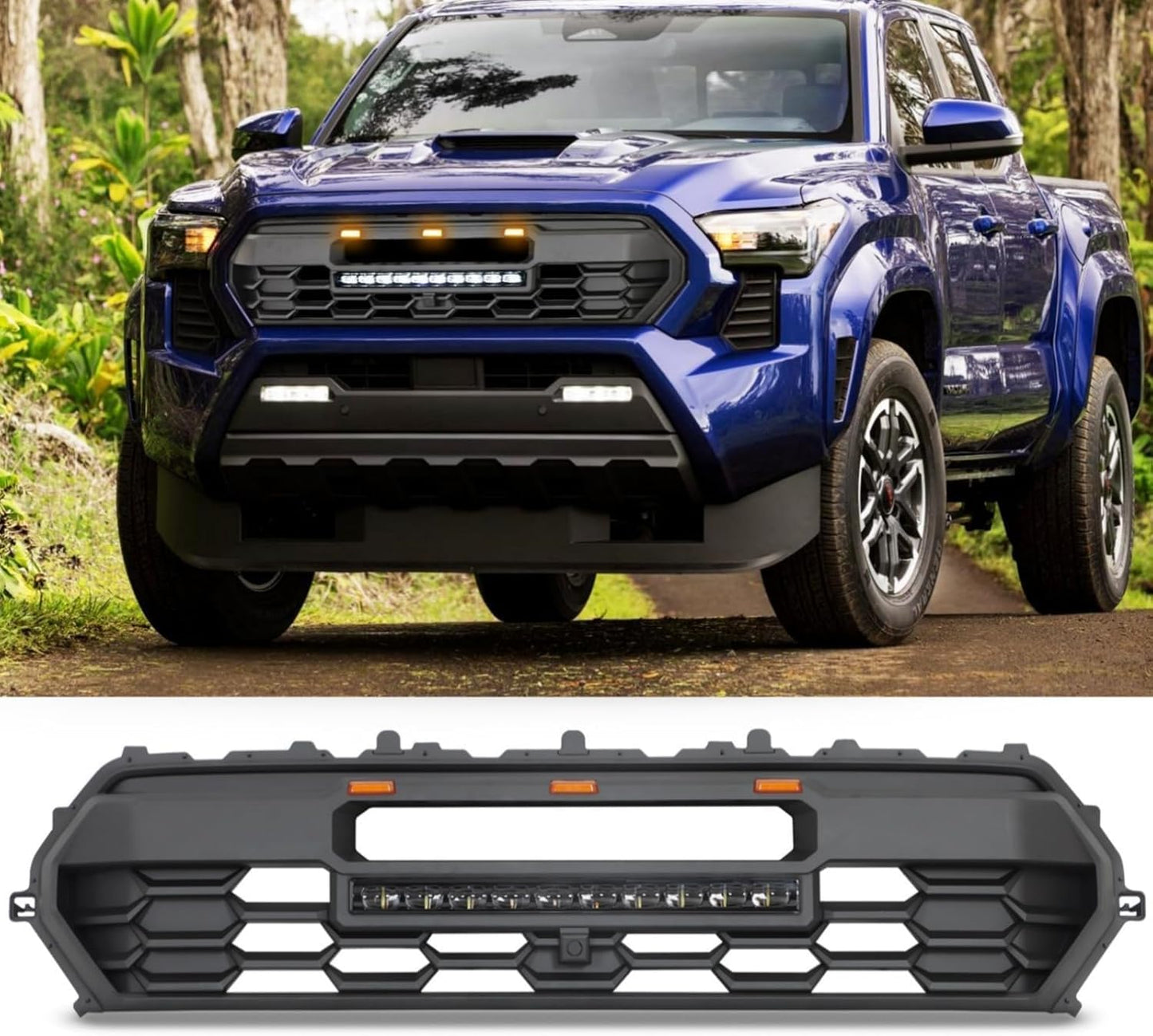 2024 Tacoma Replacement Grille, Front Hollow Grill Replacement Compatible for TACOMA 2024 Black Matte Bumper ABS Grille with LED Lights Bar+ Amber Lights