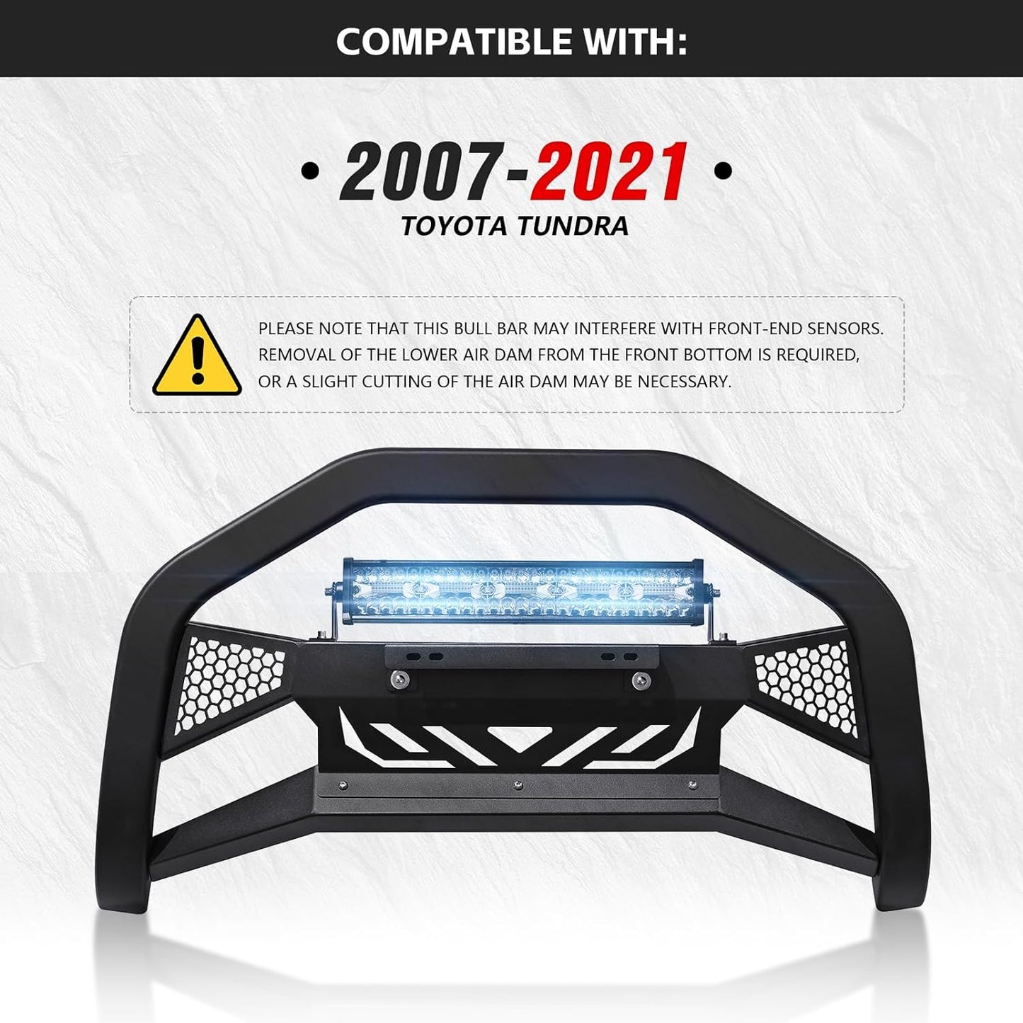 Bull Bar with License Plate Frame & LED Light Bar Compatible for 2007-2021 Toyota Tundra, Truck Grille Guard Brush Push Bar Front Bumper (Include Light Mount & Skid Plate)