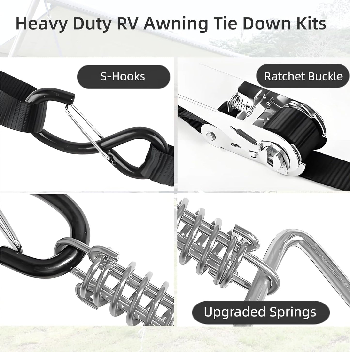 RV Awning Tie Down Kit for Wind WanDwel Heavy Duty Camper Anchors Canopy Support Parts & Accessories,13ft Ratchet Straps Upgrade Springs