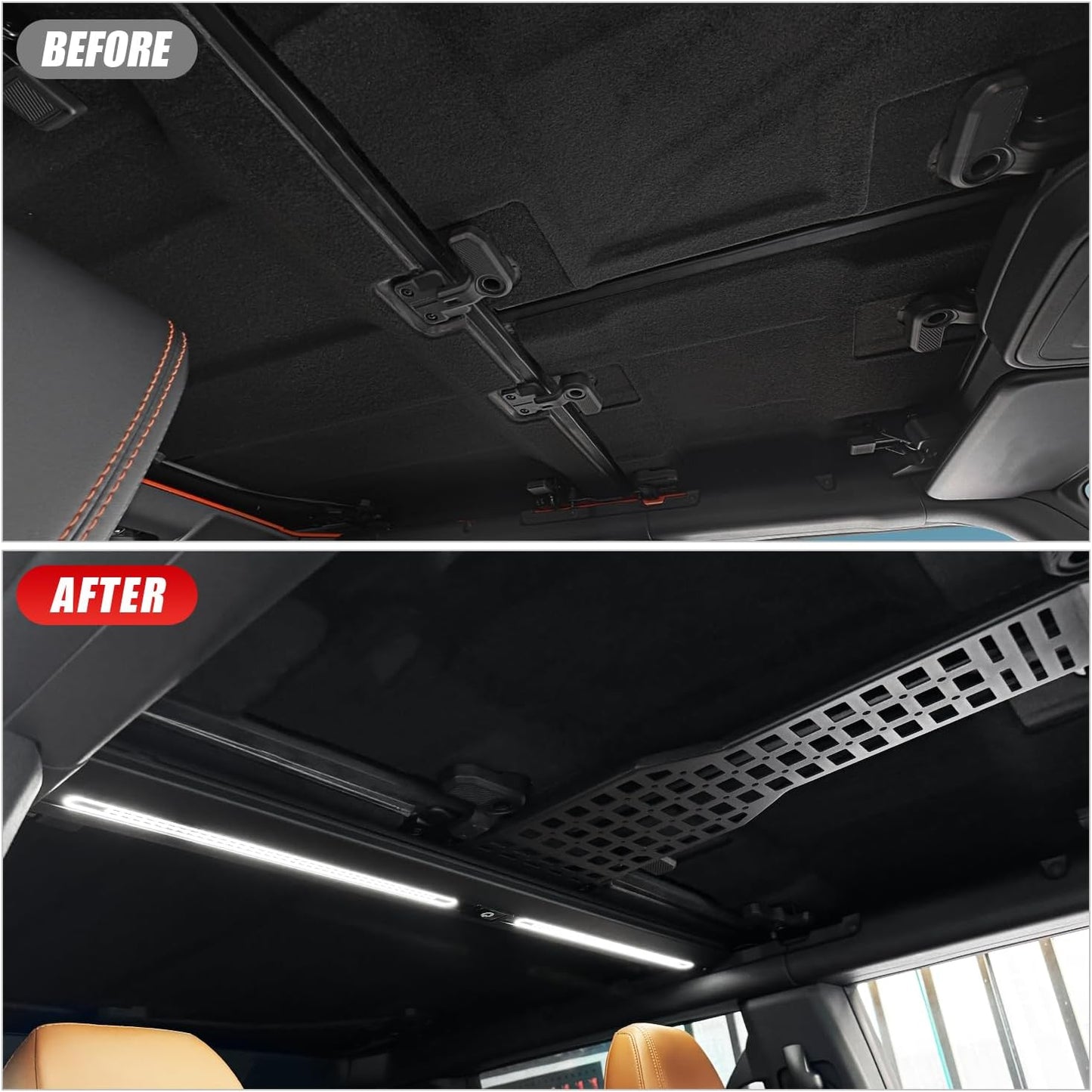 Overhead Molle Panel with Integrated LED Ceiling Light for 2021-2025 Ford Bronco 4 Door Roof Reinforcement Cross Bar Interior Accessories