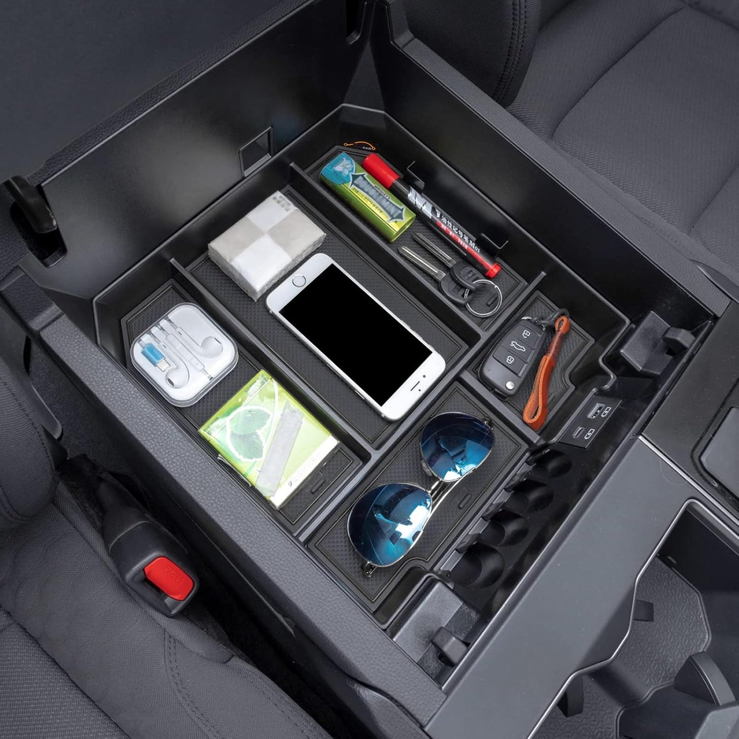 JDMCAR Center Console Organizer Compatible with 2022 2023 2024 2025 Toyota Tundra Accessories and 2023-2025 toyota sequoia Armrest Secondary Storage Box ABS Material with Non-Slip Mats (Black Trim)