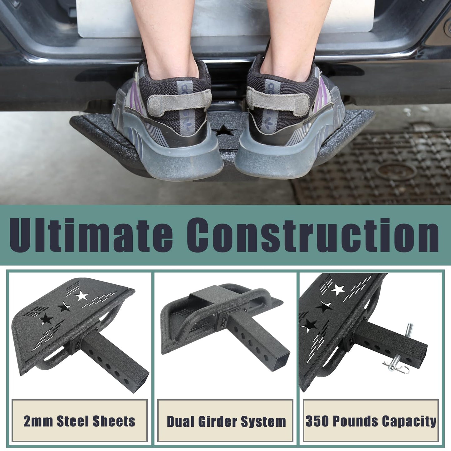 Universal Hitch Steps for Pickup Truck - Solid Trailer Hitch Step 2 Inch Receiver Hitch Accessories 17.3'' Rear Bumper Guard Protector for Car Vehicles SUV ATV Upgraded Textured Black with Pin Lock - OMOTOR