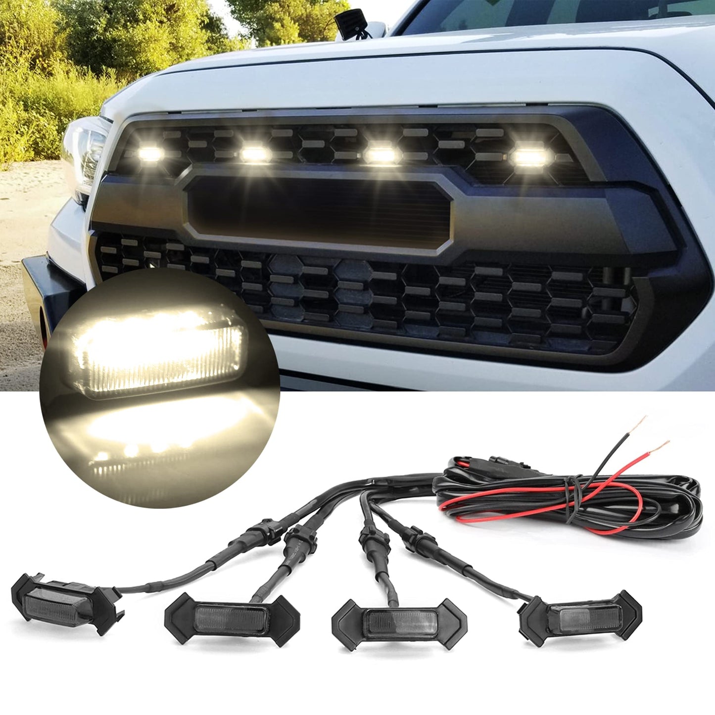 OXILAM LED Grille Lights 4 PCS with Fuse Adaptor for Tacoma TRD PRO 2016-2023 OEM Front Grille, Amber Shell with Amber Light, (Amber Yellow)