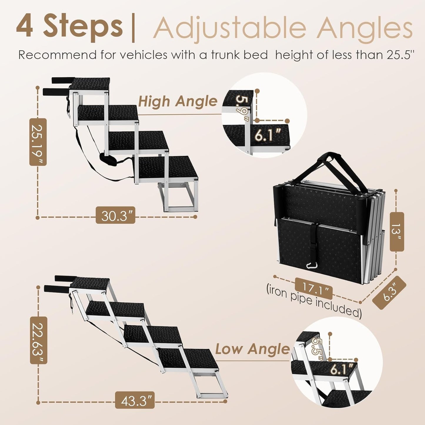 Foldable Dog Car Ramp for Large Dogs, Portable Dog Steps for SUV, Aluminum Dog Stairs with Non-Slip Surface for High Beds, Trucks and SUVs, 5 Steps - OMOTOR