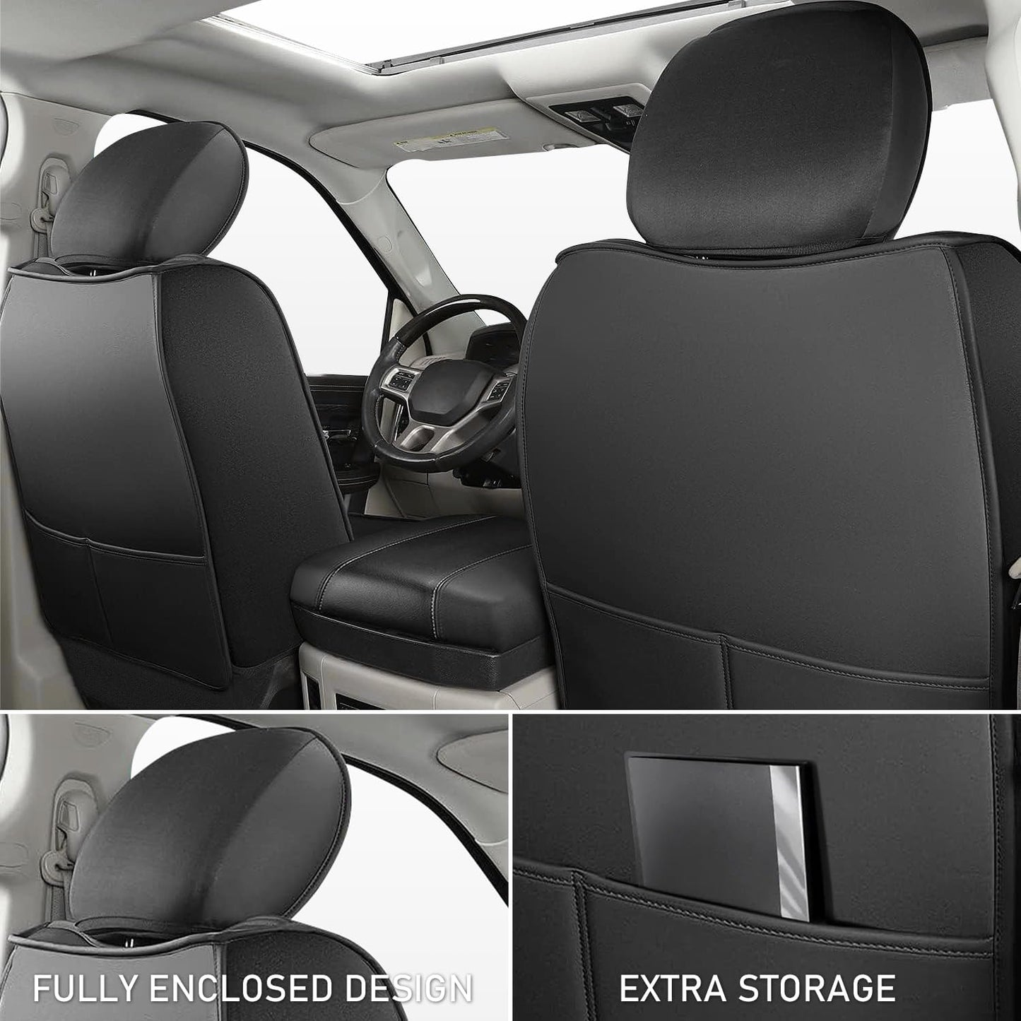 OHMU Custom Fit Seat Covers for Dodge RAM 1500 2500 3500 (2009-2024) Crew Quad Mega Cab Truck with Flat Bench, Full Set 5PCS Waterproof, Black