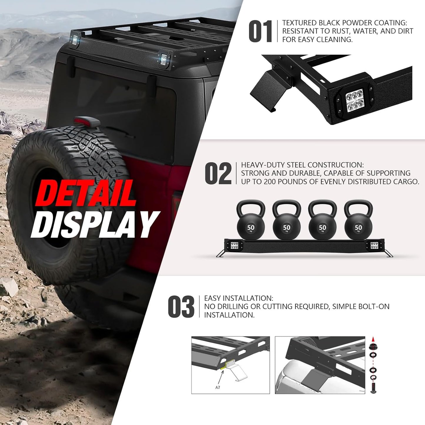 Bronco Half Short Roof Rack Rear Cargo Basket with 2 Pcs Led Light Bars Compatible 2021 2022 2023 2024 Ford Bronco Hardtop 4-Door (Exclude Bronco Sport) Rooftop Storage Carrier Luggage Rack