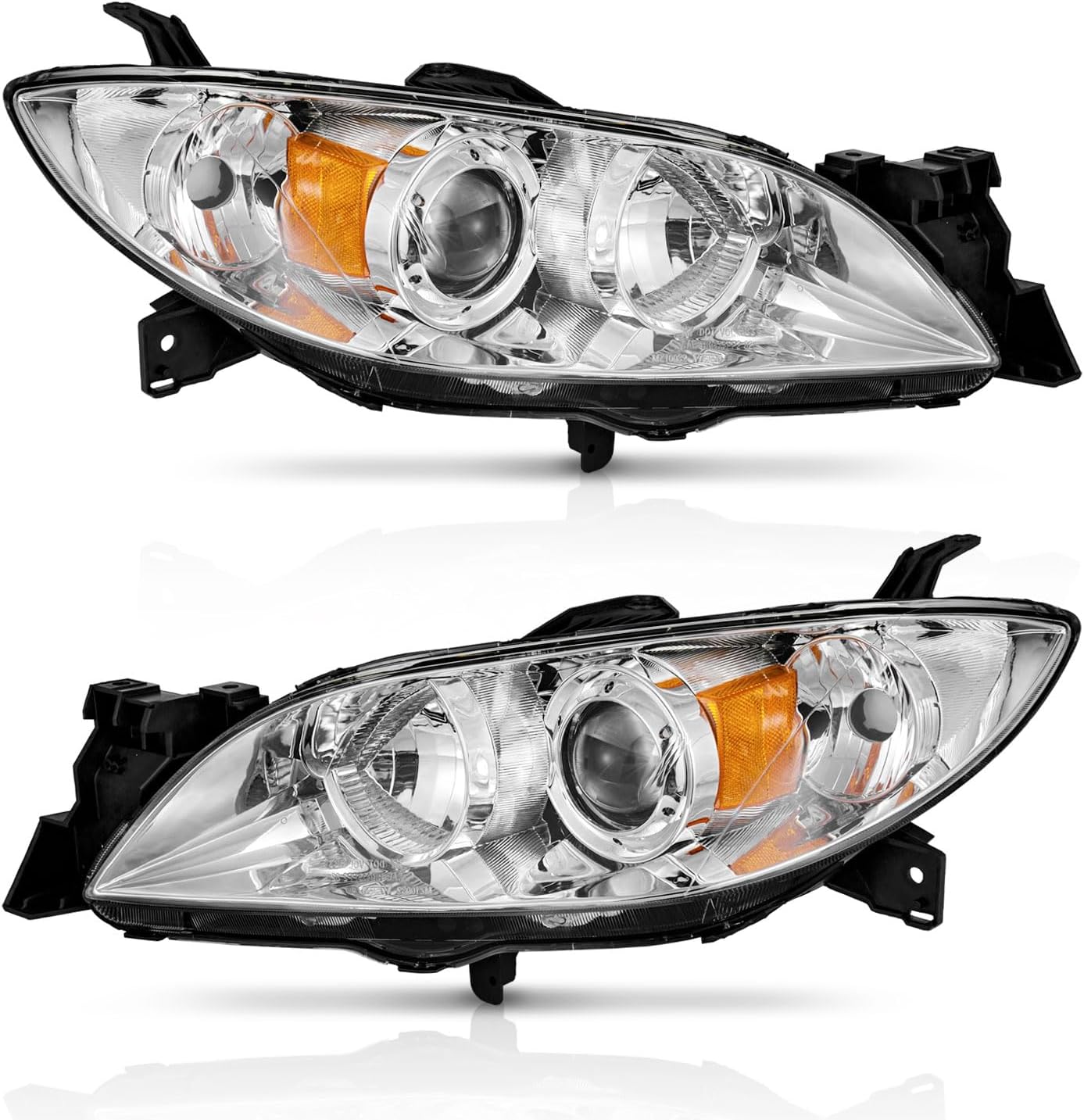 Headlight Assembly for 2004-2009 Mazda 3 Sedan - Black/Chrome Housing, Projector Style (Not for HID or Hatchback Models) - OMOTOR