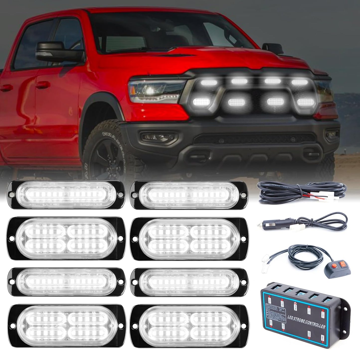 8pcs Sync Feature Emergency Strobe Grille Lights LED Ultra Slim Surface Mount Flashing Hazard Warning Light Bar with Controller for Firefighter/Construction/Trucks/Vehicles/Car - OMOTOR
