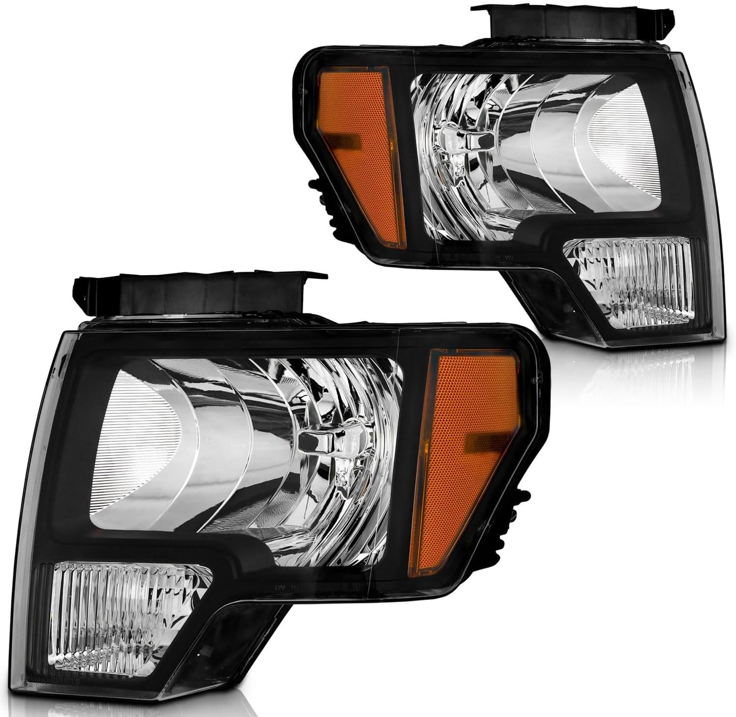 Headlight Assembly for 2009-2014 Ford F150 - Black/Chrome Housing, Left & Right Set, Headlamp Replacement (Not for Factory HID Models) - OMOTOR
