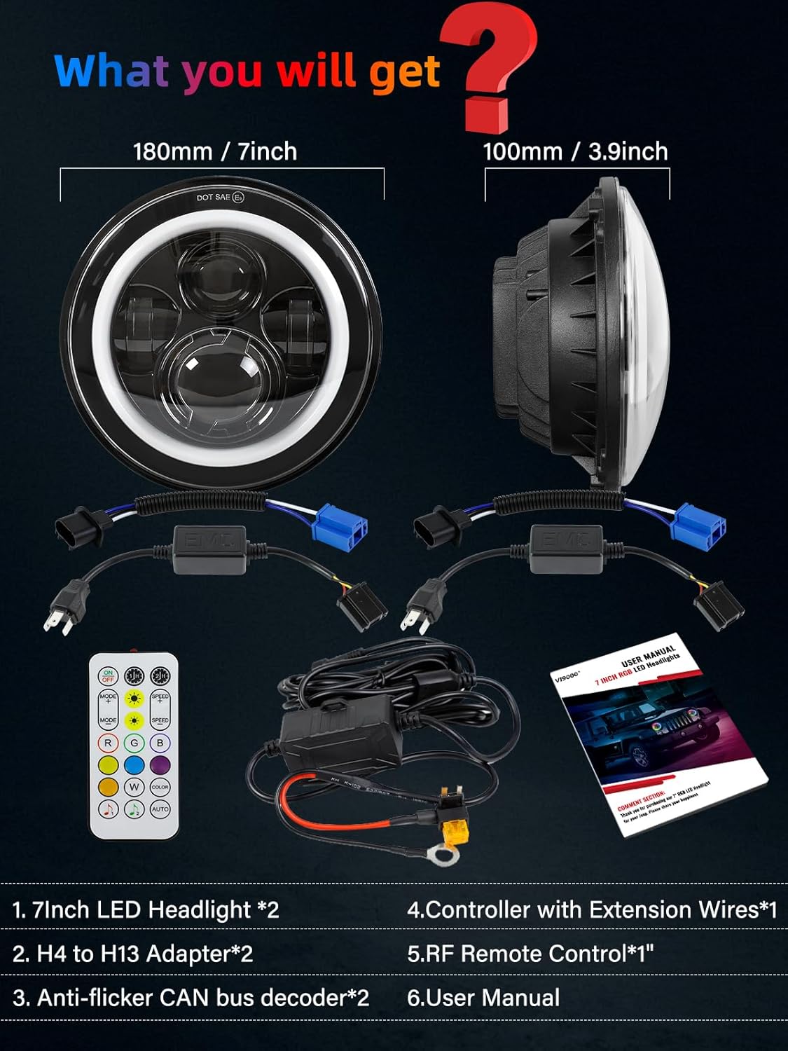 7" Inch RGB LED Headlights Bluetooth & IR Controlled with Dancing Halo Ring Compatible with 1997-2018 Jeep Wrangler TJ JK - OMOTOR