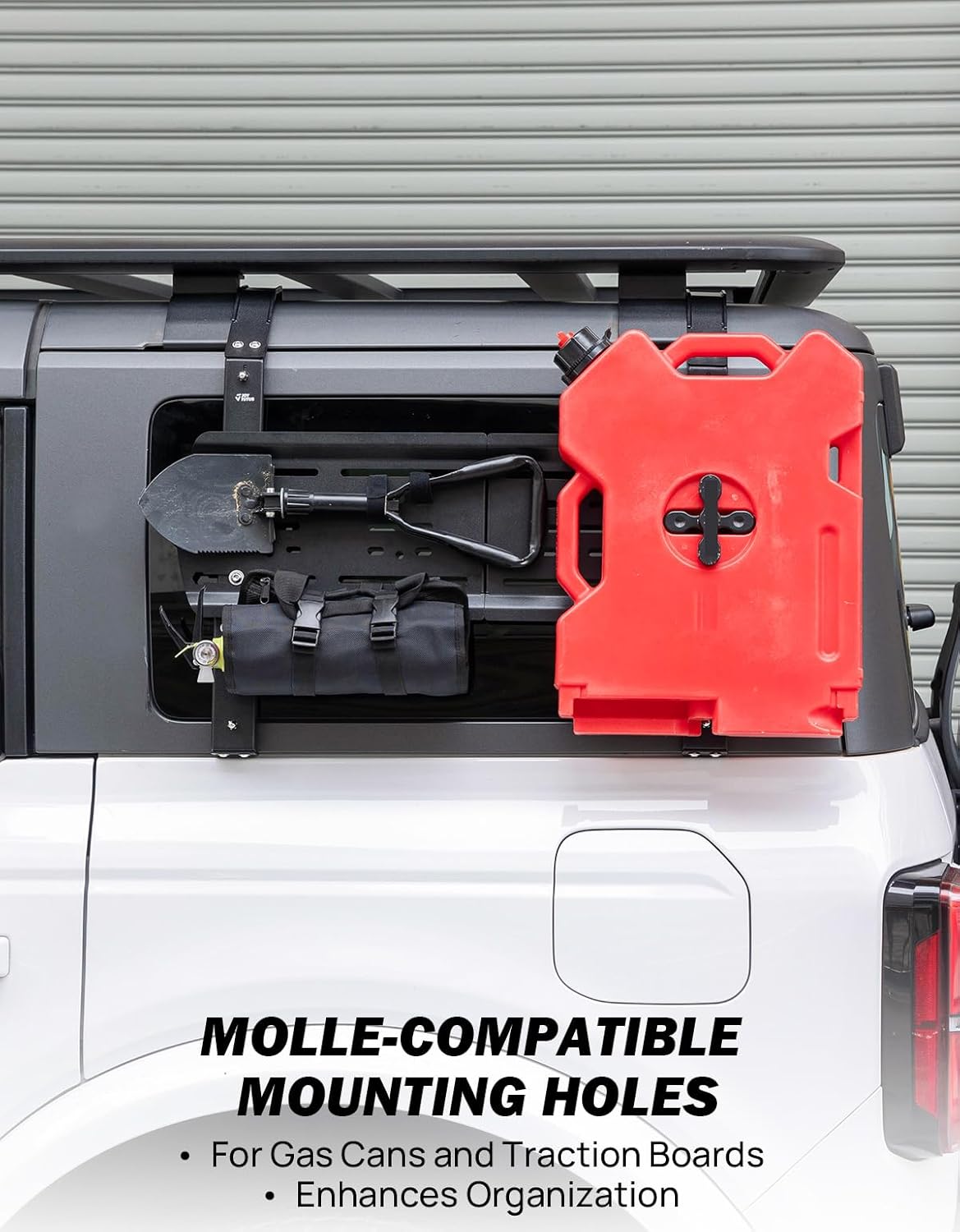 JOYTUTUS Rear Window Storage Molle Panel Kit for Bronco 4-Door | No-Drill Cargo Rack for Recovery Traction Boards Gas Can Shovel Mount | Heavy-Duty Scratch-Resistant Design