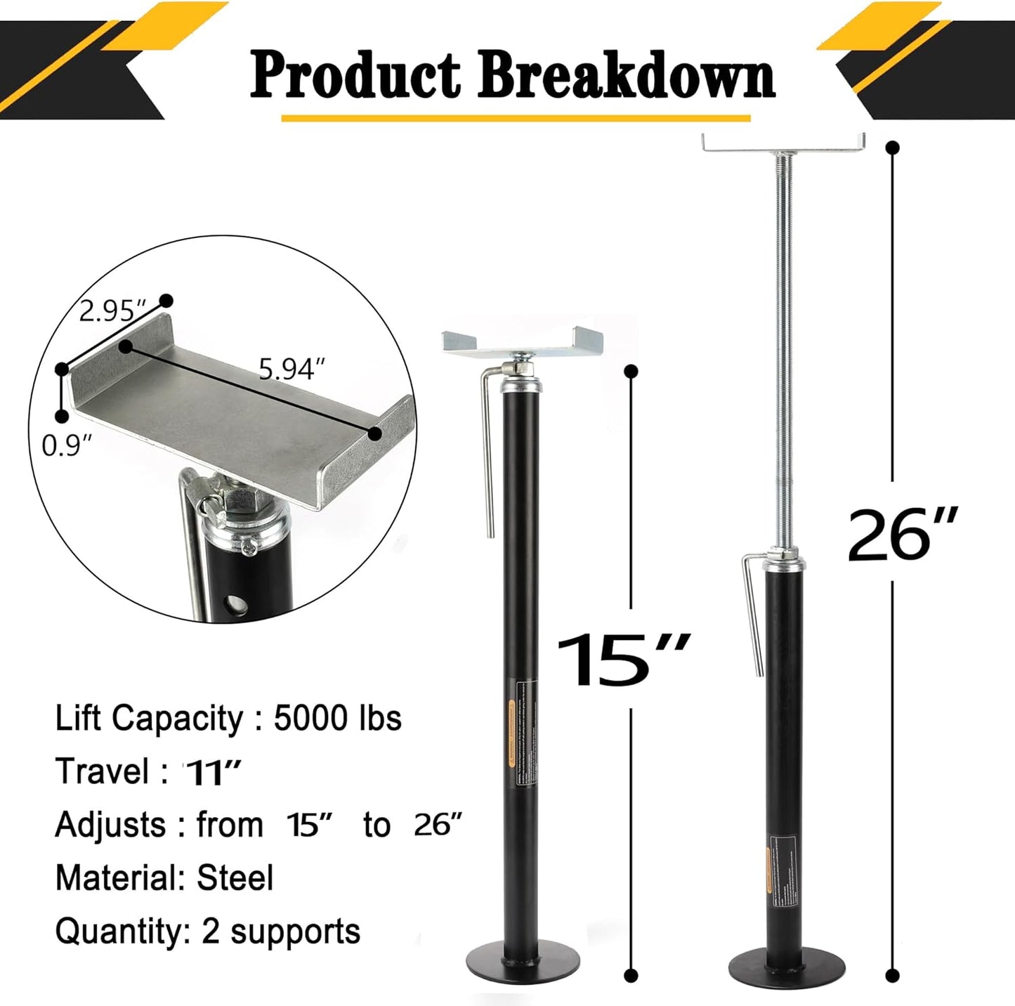 RV Slide Out Support Trailer Stabilizer Jacks, RV Camper Accessories for Travel Trailers - 15" to 26" - 5000 Lbs Each - Pack of 2