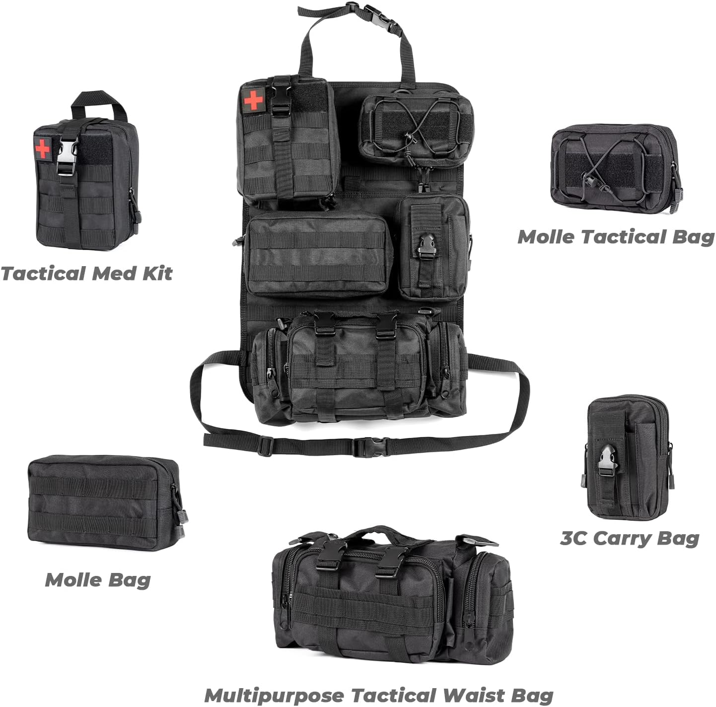 OHMU Tactical Seat Back Organizer Storage Hanger Bag with 5 Detachable Molle Pouch Vehicle Molle Panel Organizer Storage Bag Universal fits for All Vehicel