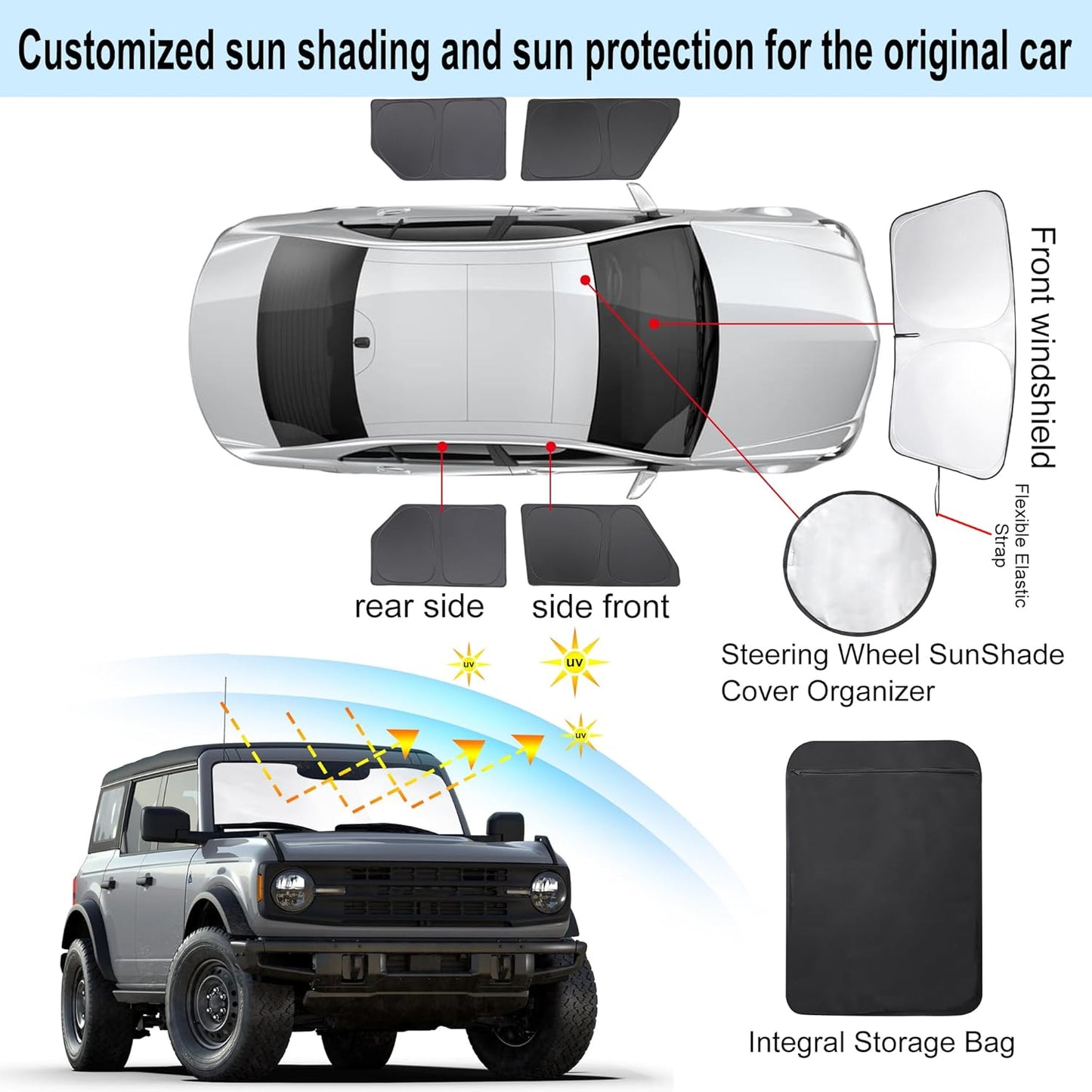 5PCS Windshield Sun Shade Custom Fit for 2021-2024 2025 Ford Bronco Accessories(Not for Bronco Sport) Foldable Sunshade Side Rear Window Shade Cover Full Set Privacy Protection