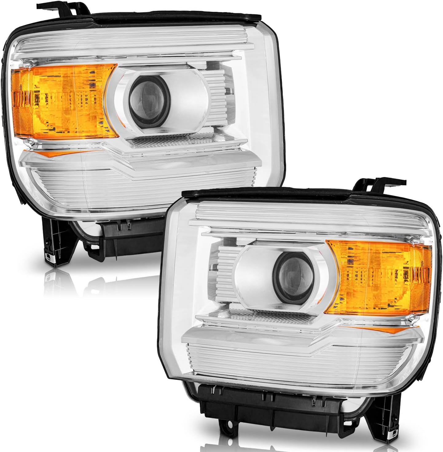 2014-2018 GMC Sierra 1500 & 2015-2019 GMC Sierra 2500HD/3500HD Replacement Headlights Assembly - Black/Chrome Housing, Amber Reflector (Pair Set) - OMOTOR