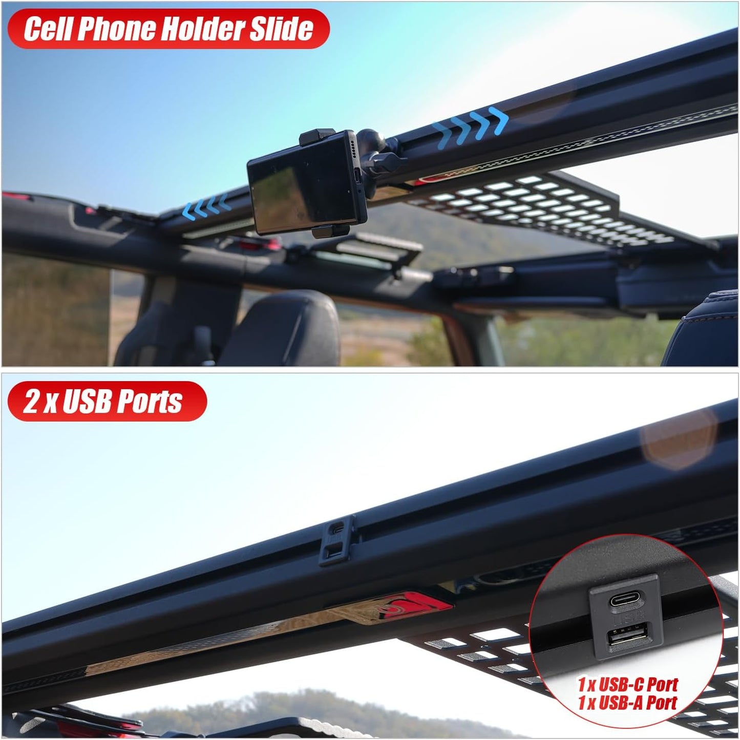 Overhead Molle Panel with Integrated LED Ceiling Light for 2021-2025 Ford Bronco 4 Door Roof Reinforcement Cross Bar Interior Accessories