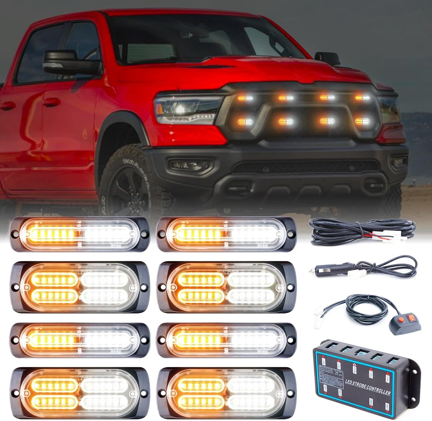 8pcs Sync Feature Emergency Strobe Grille Lights LED Ultra Slim Surface Mount Flashing Hazard Warning Light Bar with Controller for Firefighter/Construction/Trucks/Vehicles/Car - OMOTOR