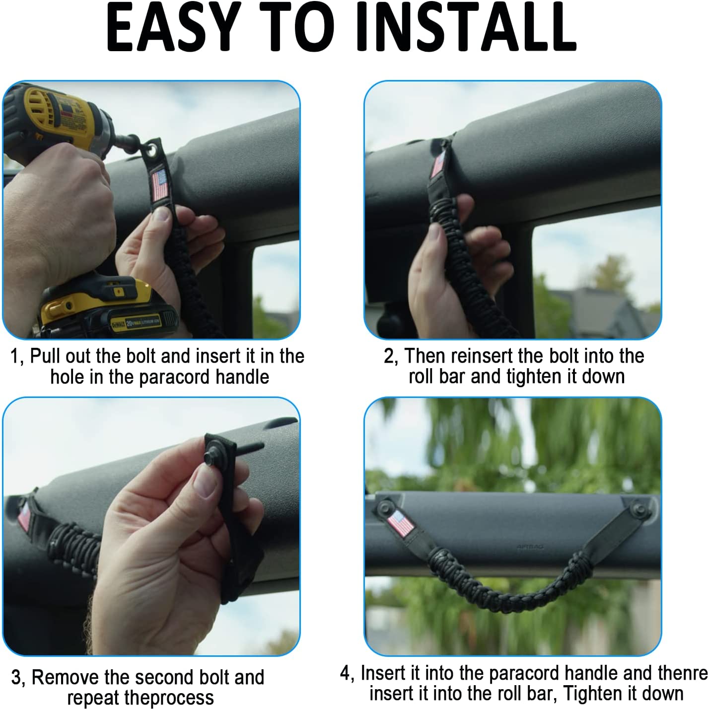 Roll Bar Paracord Grab Handles Compatible with Ford Bronco 2021 2022 2/4 Door, Bronco Grab Handles Interior Accessories (Black 4Pcs) - OMOTOR