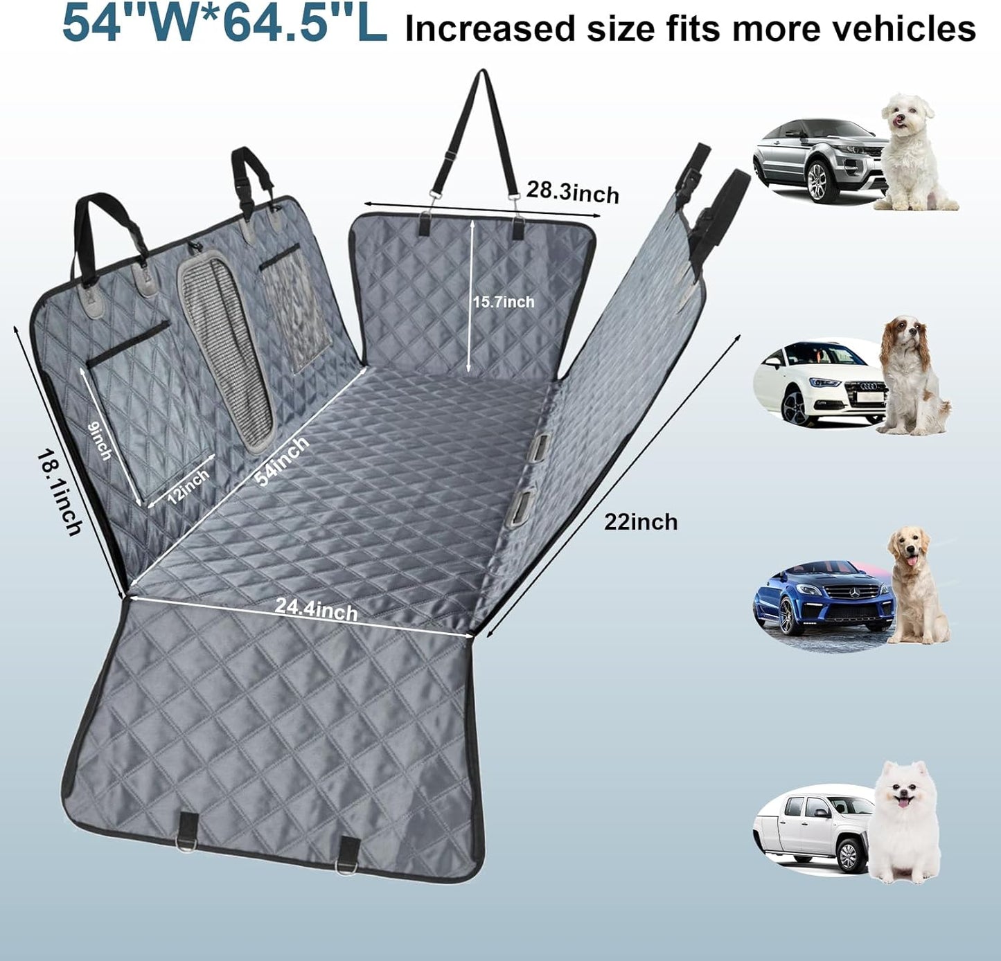 Back Seat Extender for Dogs, Waterproof Dog Car Seat Cover for Back Seat with Hard Bottom-Upgraded Anti-Scratch 1680D Oxford Fabric-Holds 600Lbs, Stowable Dog Hammock for Car&SUV&Truck (Grey,Large)