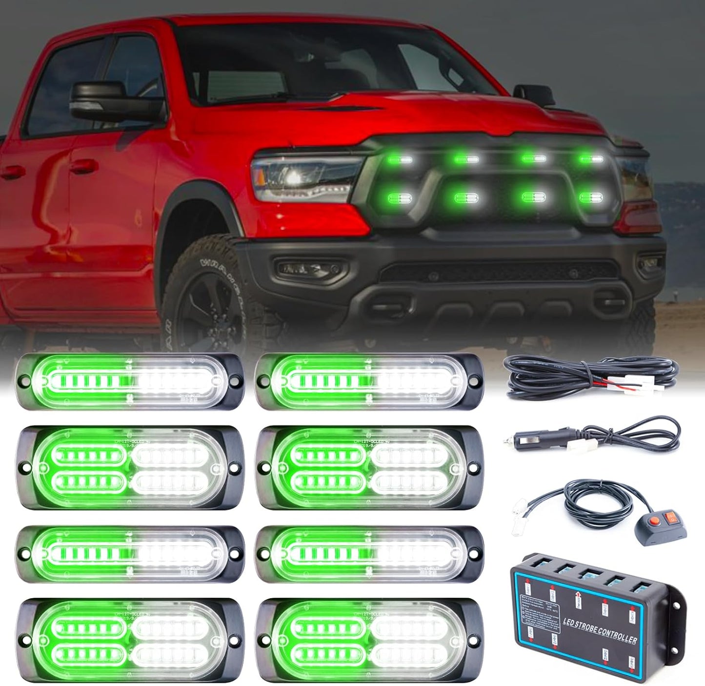 8pcs Sync Feature Emergency Strobe Grille Lights LED Ultra Slim Surface Mount Flashing Hazard Warning Light Bar with Controller for Firefighter/Construction/Trucks/Vehicles/Car - OMOTOR
