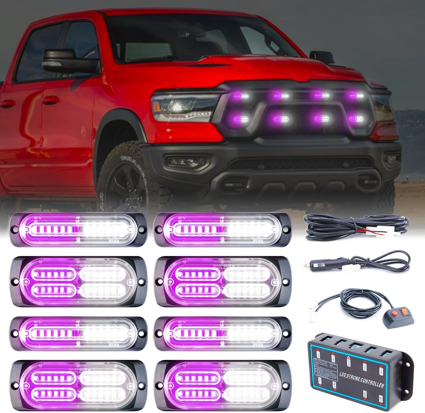 8pcs Sync Feature Emergency Strobe Grille Lights LED Ultra Slim Surface Mount Flashing Hazard Warning Light Bar with Controller for Firefighter/Construction/Trucks/Vehicles/Car - OMOTOR