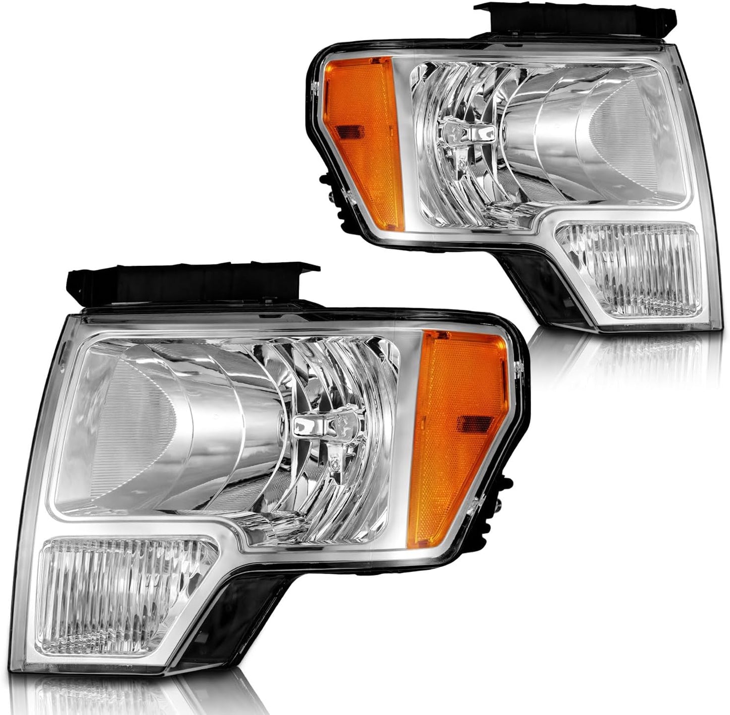 Headlight Assembly for 2009-2014 Ford F150 - Black/Chrome Housing, Left & Right Set, Headlamp Replacement (Not for Factory HID Models) - OMOTOR