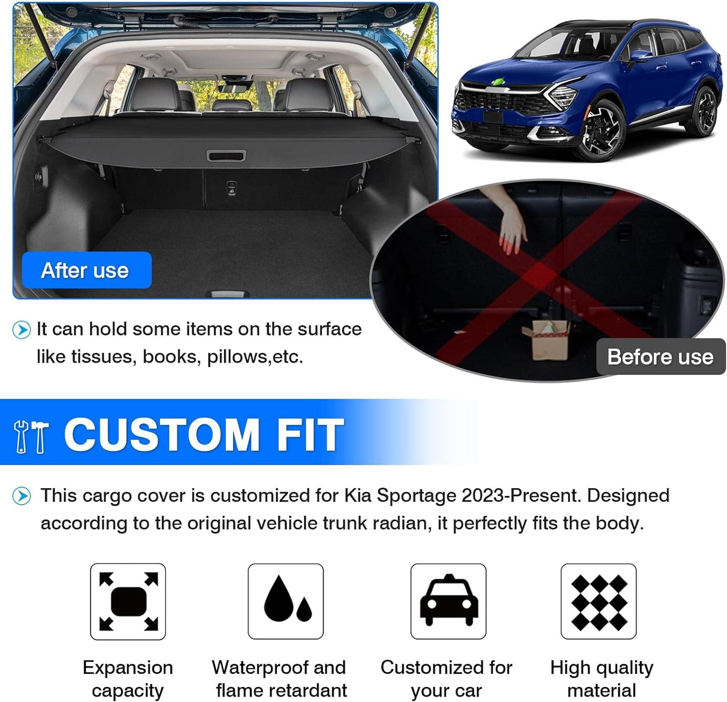 Cargo Cover Compatible with Kia Sportage 2023 2024 Trunk Security Cover Replacement Retractable Shield Shade Accessories No Gap - OMOTOR