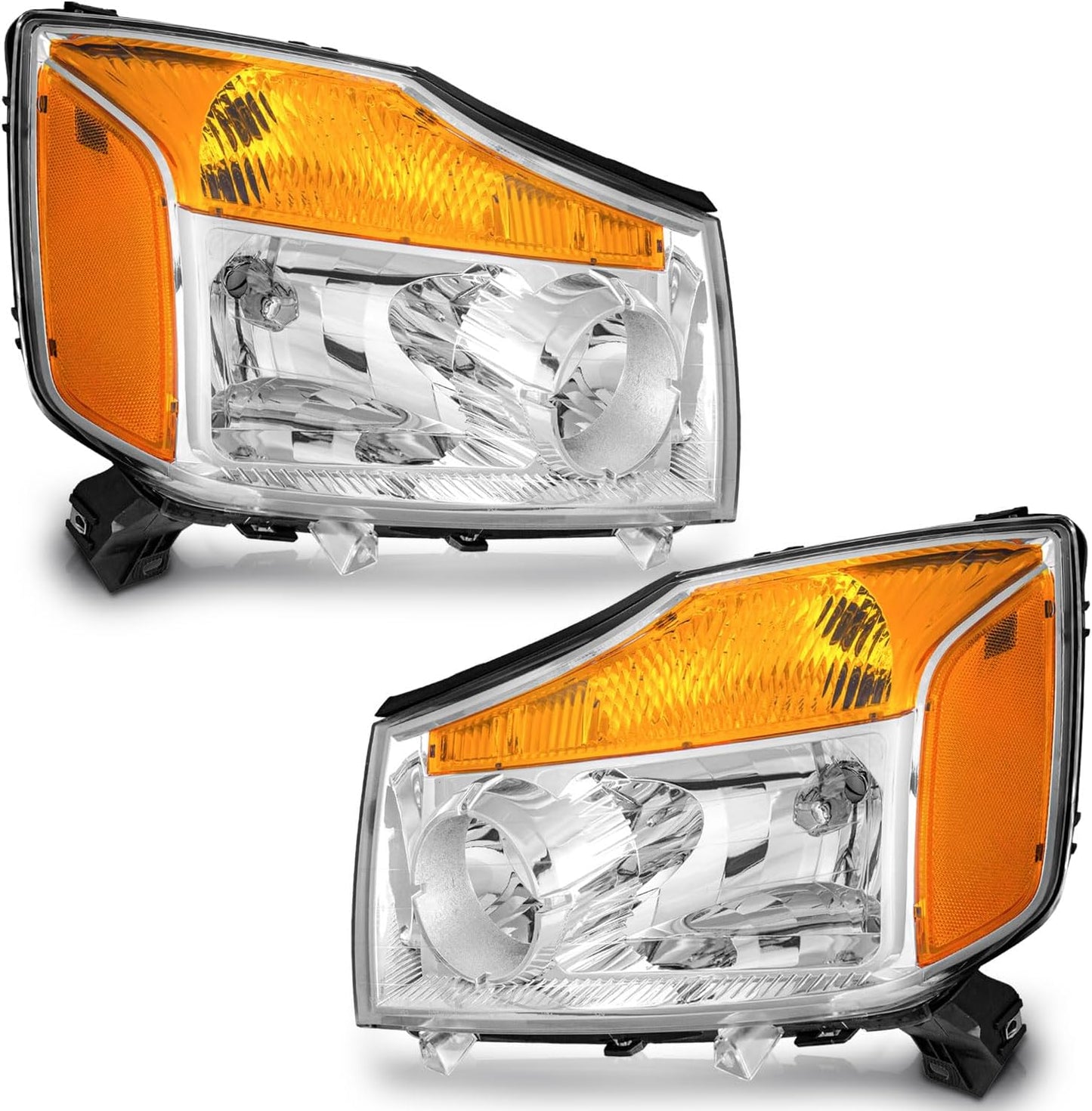 Headlights for 2004-2015 Nissan Titan & 2004 Pathfinder Armada - Black/Chrome Housing, Amber Reflector, 2005-2007 Armada Headlamp Replacement - OMOTOR