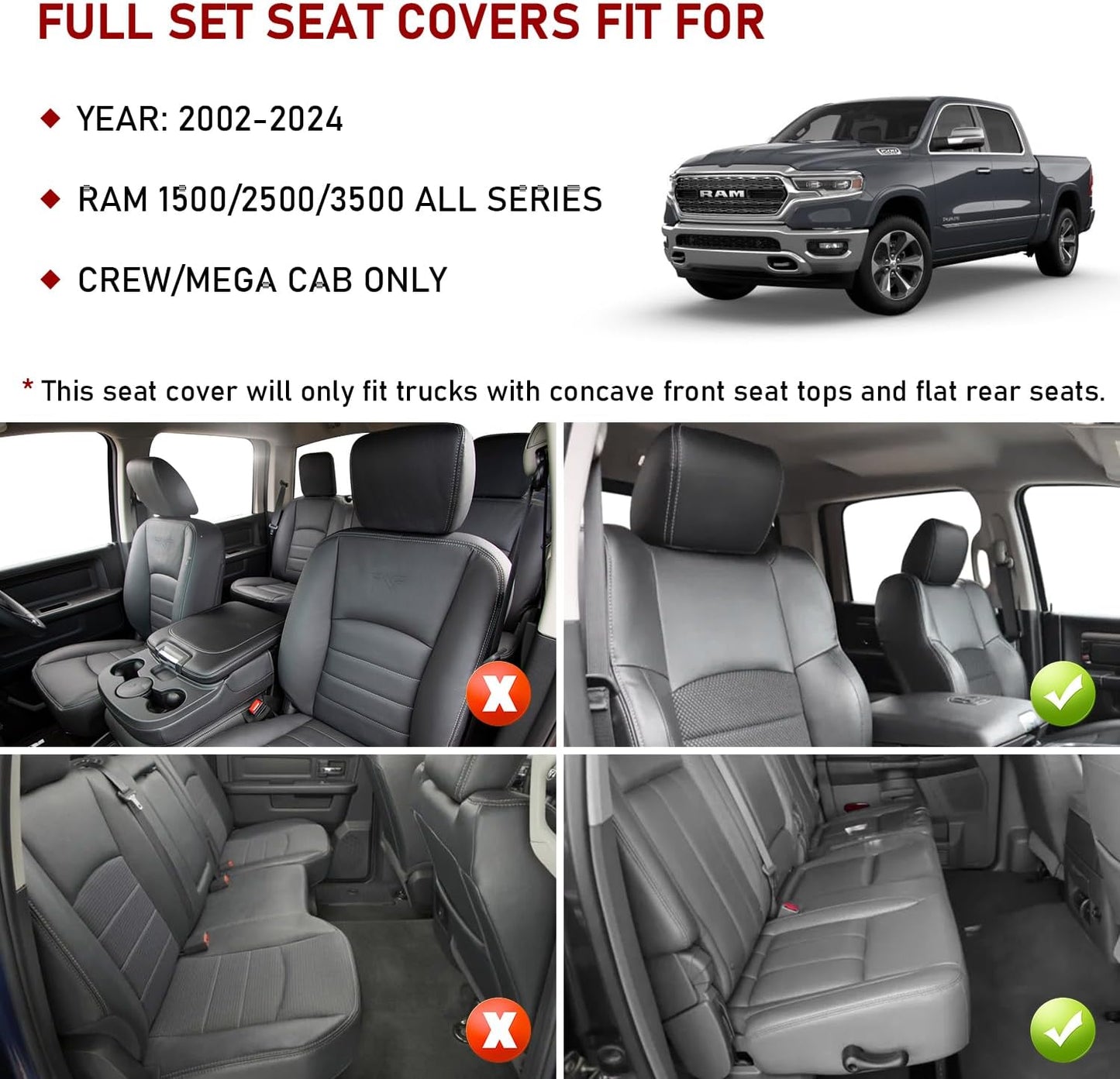OHMU Custom Fit Seat Covers for Dodge RAM 1500 2500 3500 (2009-2024) Crew Quad Mega Cab Truck with Flat Bench, Full Set 5PCS Waterproof, Black