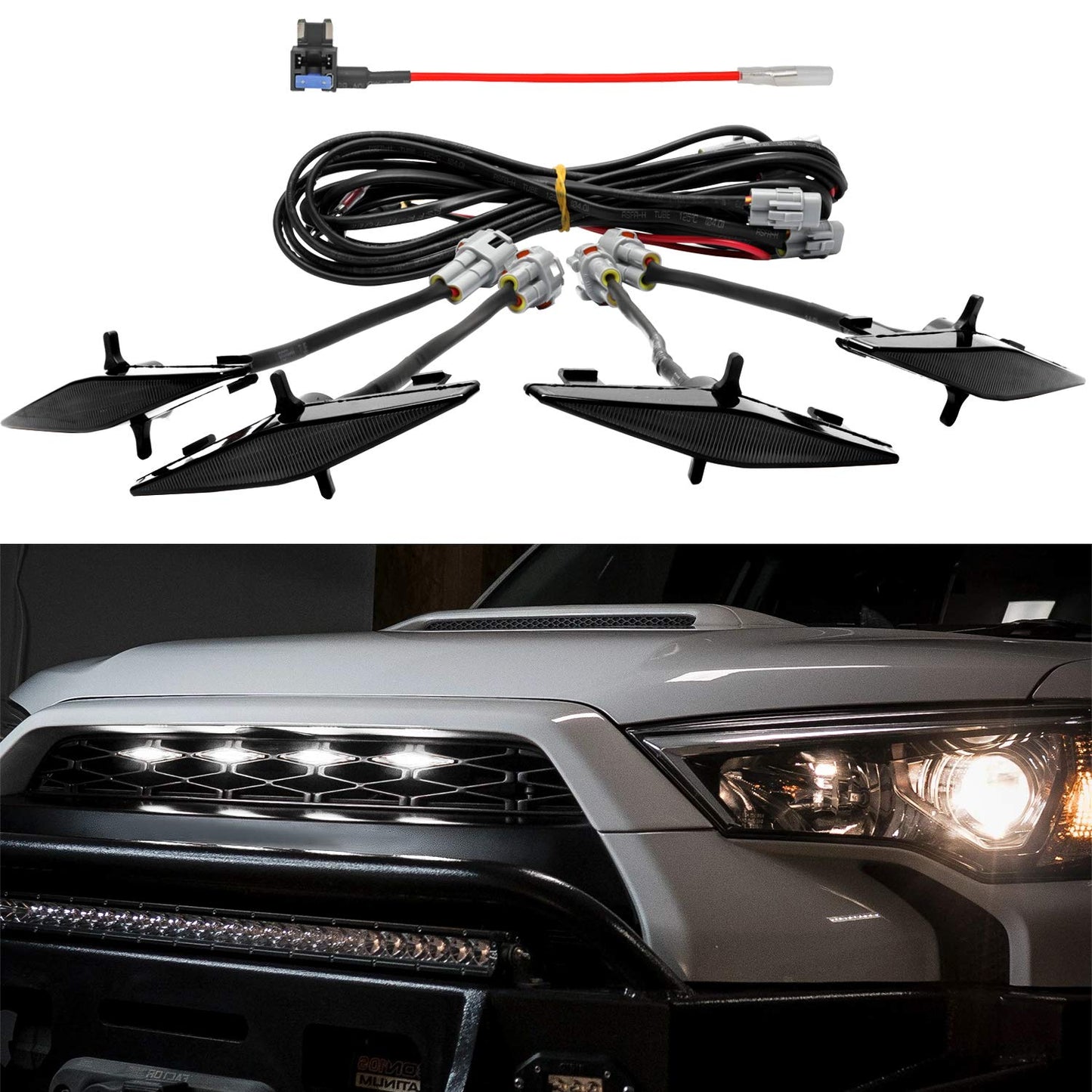 SEVEN SPARTA 4 PCS Grill Led Lights Compatible with Toyota 4Runner 2014-2024 TRD Pro Grille and 2014-2019 SR5, Premium, Limited, TRD Off-Road, Fuse and Instruction Included (Smoke Shell/Amber Light)