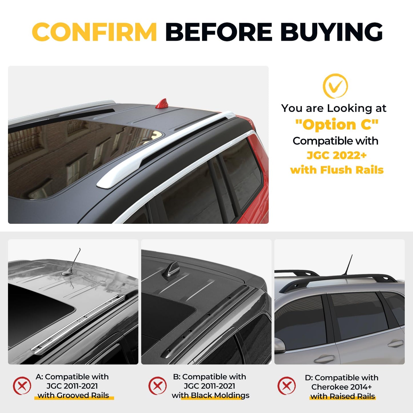 Roof Rack Cross Bars Compatible with Jeep Grand Cherokee Altitude & SRT & Trackhawk with Roof Black Moldings 2011-2022, Aluminum Crossbar Replacement with Lock for Roof Cargo Kayak Skiboard - OMOTOR