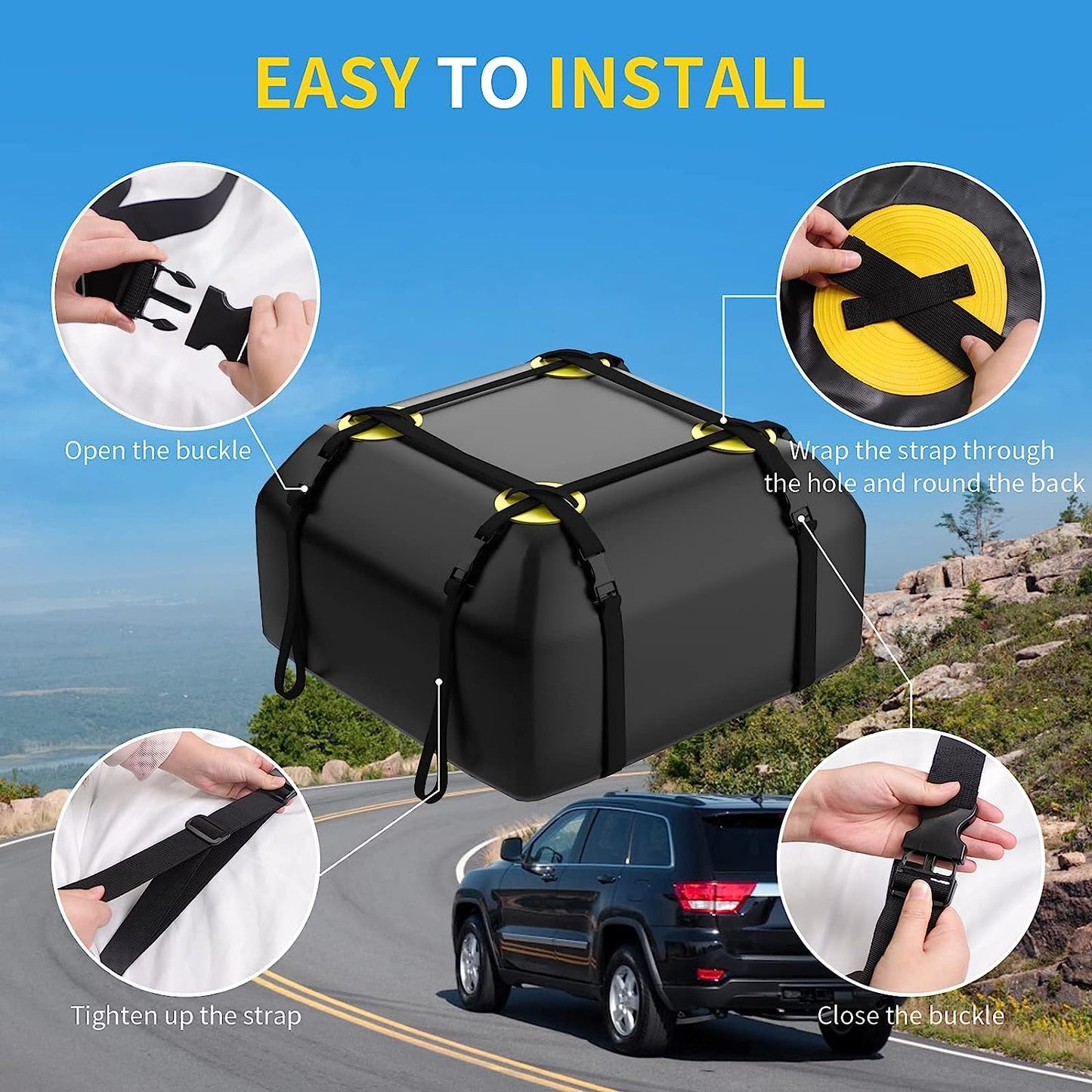 Rooftop Car Cargo Carrier Bag 15 Cubic Feet, Waterproof Car Rooftop Bag with Anti-Slip Mat and 6 Door Hooks, Suitable for All Vehicle with/Without Rack - OMOTOR