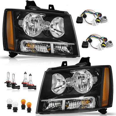 Headlight for 07-13 Avalancha/Suburban 2500,07-14 Tahoe 1500,08-13 Tahoe Hybrid,12-14 Tahoe SSV Headlamp Black Housing Clear Left+Right Side