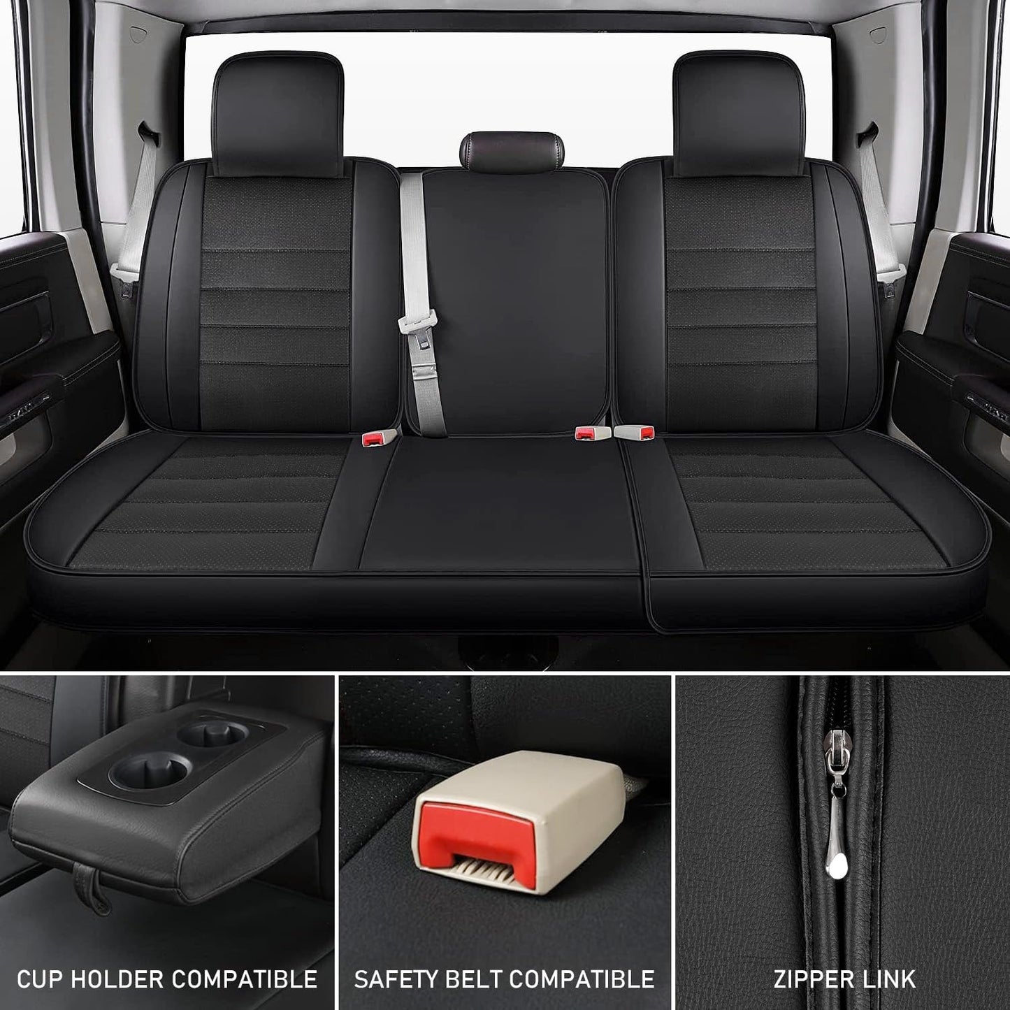 OHMU Custom Fit Seat Covers for Dodge RAM 1500 2500 3500 (2009-2024) Crew Quad Mega Cab Truck with Flat Bench, Full Set 5PCS Waterproof, Black