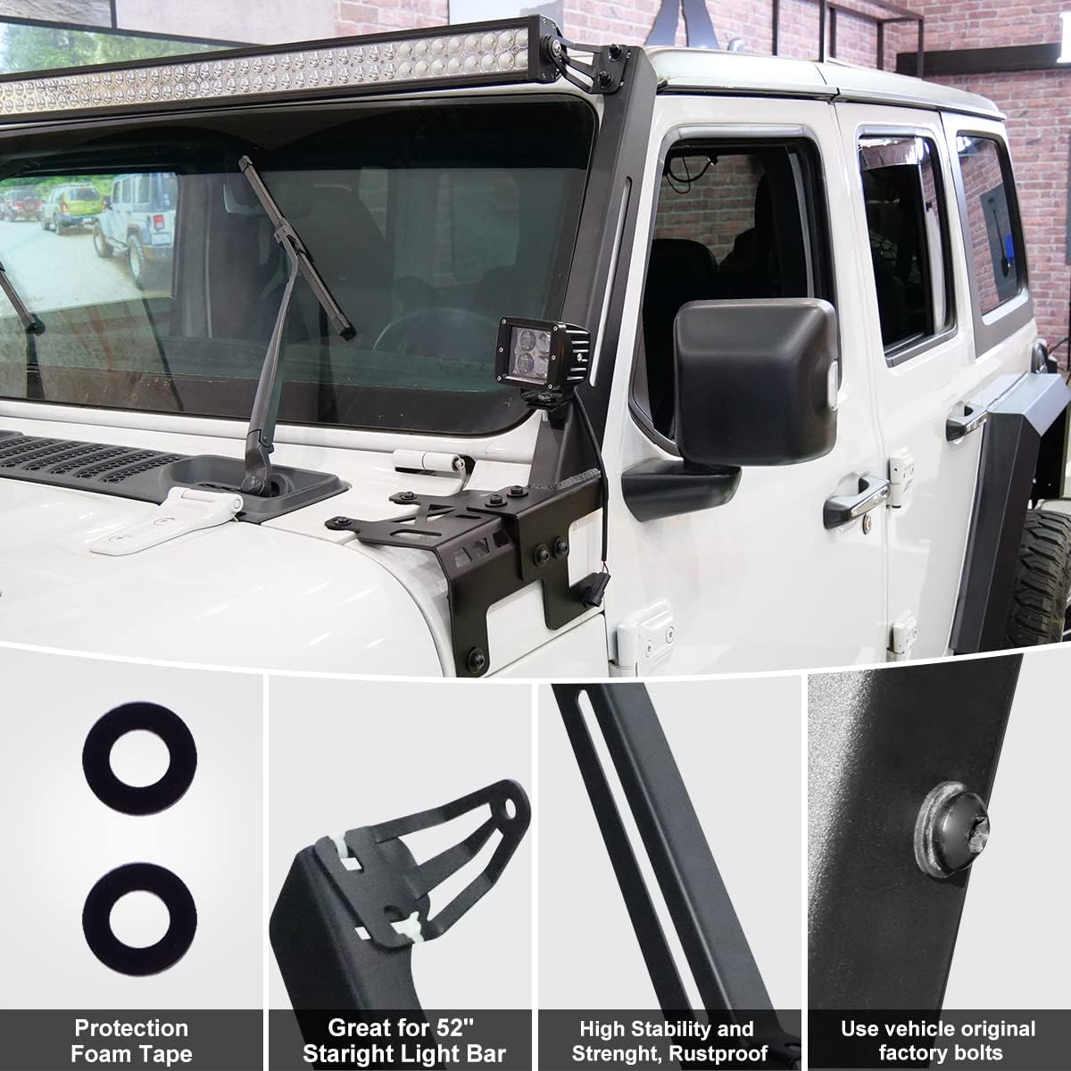 50 - 52 inch A-Pillar LED Light Bar Windshield Mount Brackets for Jeep 2018-2025 Wrangler JL JLU Umlimited, 2019-2025 Gladiator JT, Hawkley Light Bar Mounting Bracket with 2X 4 inch LED Spot Light