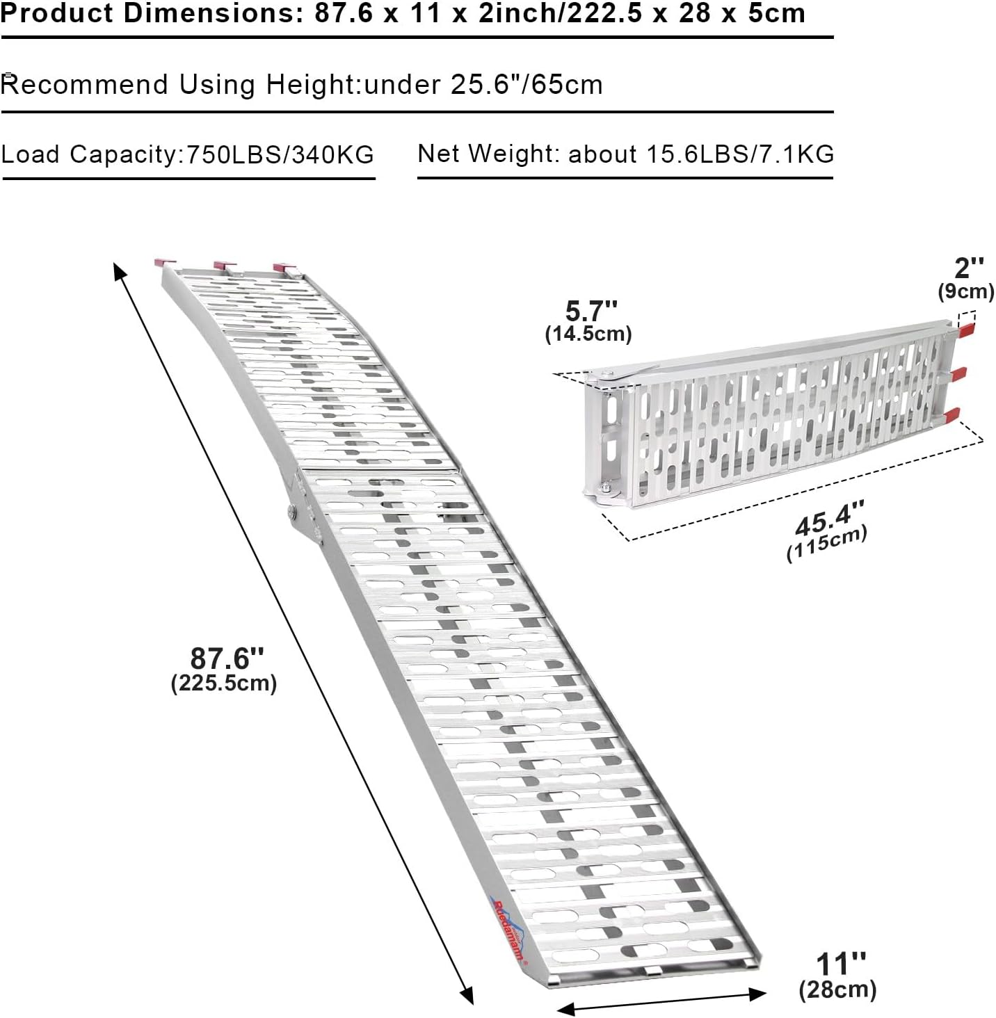 7.5'L Loading Ramp with 750 LBS Capacity, Foldable Aluminum Ramp for ATV/Motorcycles/Trucks (1 Piece, Silver) - OMOTOR