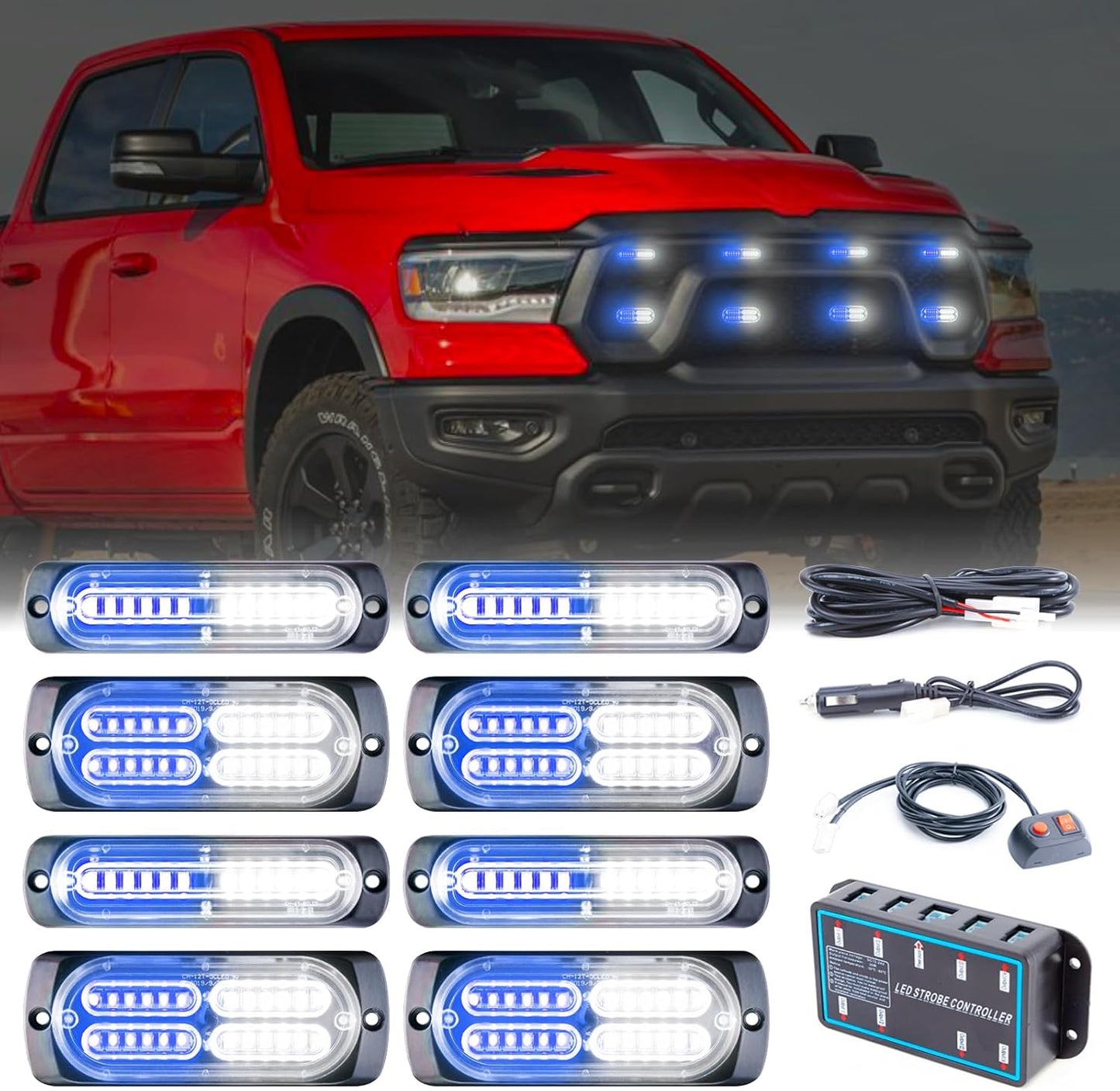 8pcs Sync Feature Emergency Strobe Grille Lights LED Ultra Slim Surface Mount Flashing Hazard Warning Light Bar with Controller for Firefighter/Construction/Trucks/Vehicles/Car - OMOTOR