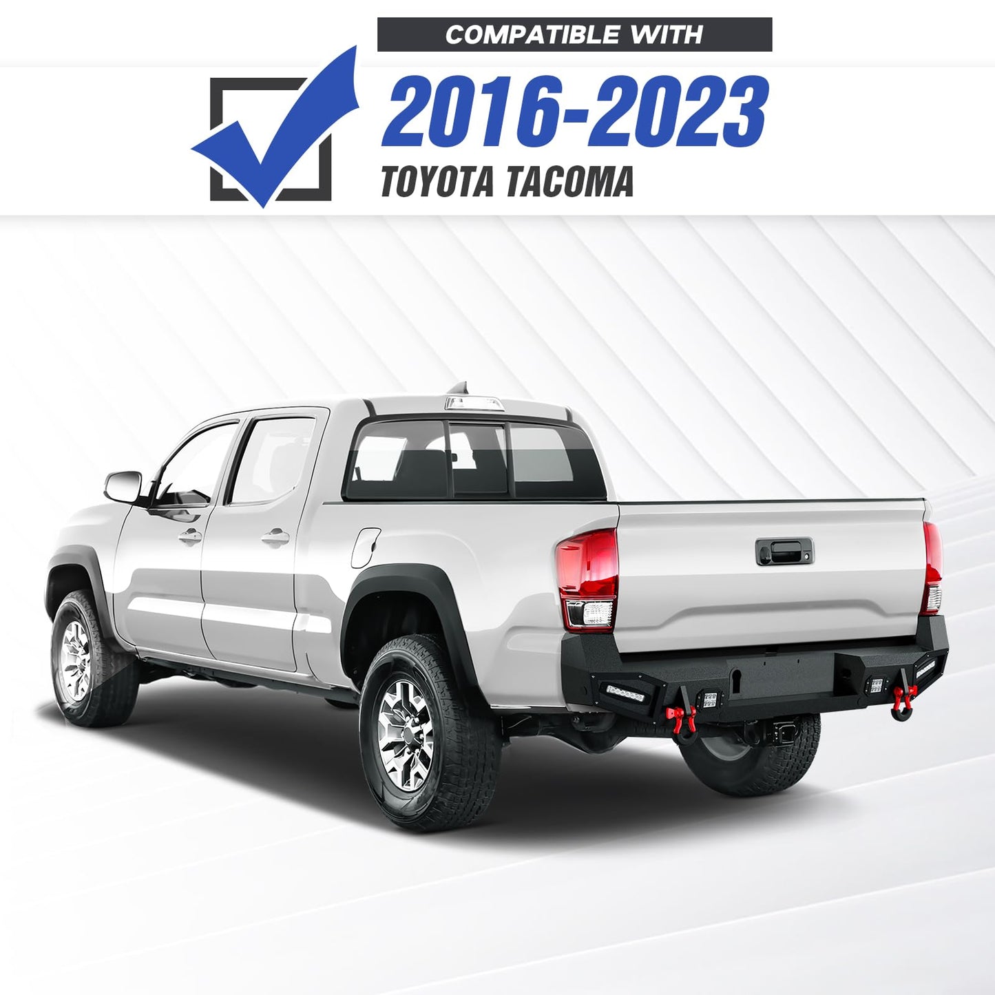 Rear Bumper Compatible with 2016-2023 Toyota Tacoma 3rd Gen with 4 x 18W LED Lights, Paintable Armor & D-rings, Sensor Holes