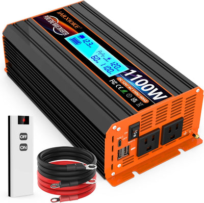 Pure Sine Wave Power Inverter 12V for Family RV Off Grid Solar System Car with Type-C Ports 2 AC Power Outlets Dual USB Ports LCD Display Wireless Remote Control