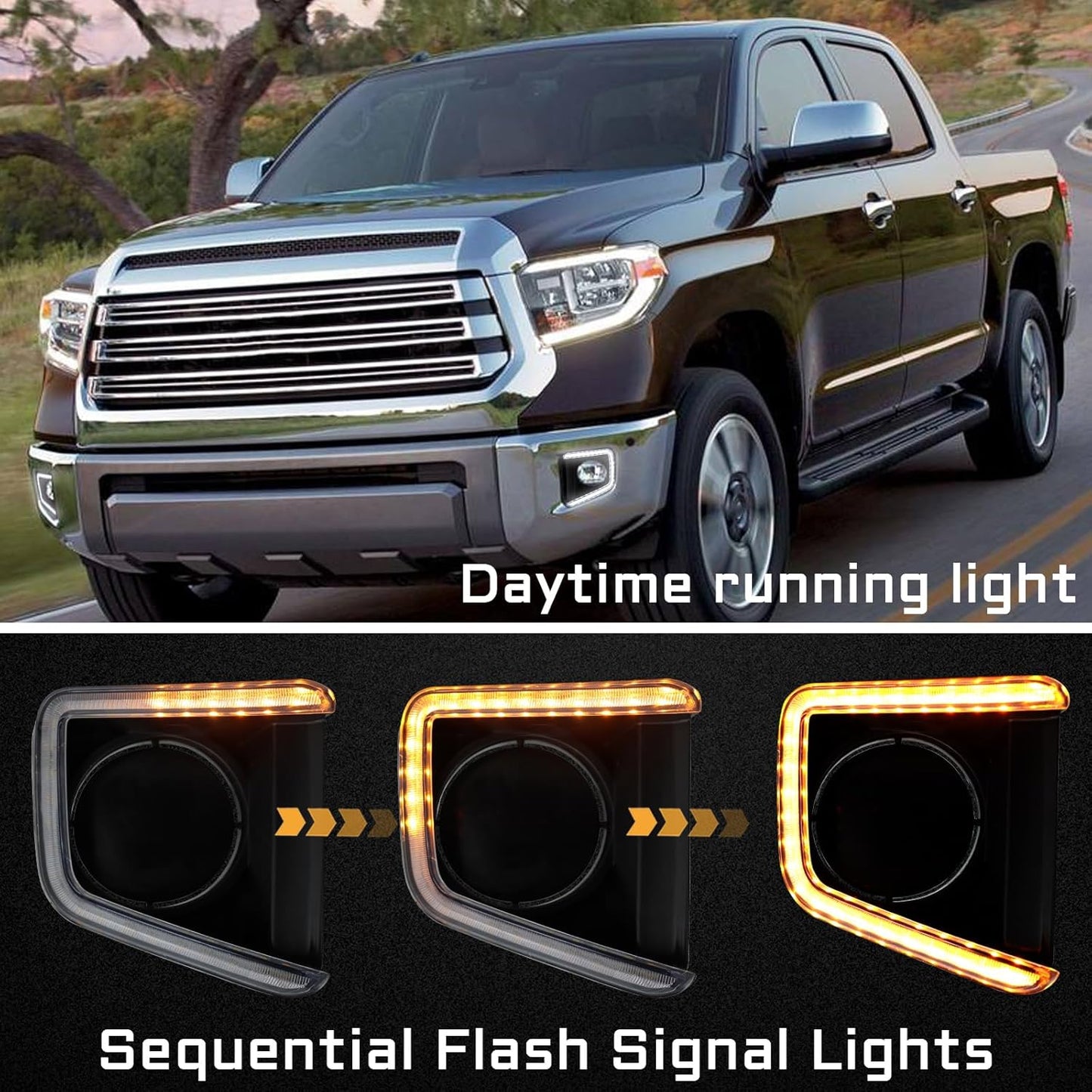 Switchback White/Amber LED Front Bumper Fog Light DRL Amber Sequential Turn Signal Feature Compatible with Toyota Tundra 2014-2021 Replacement Front Bumper Trim
