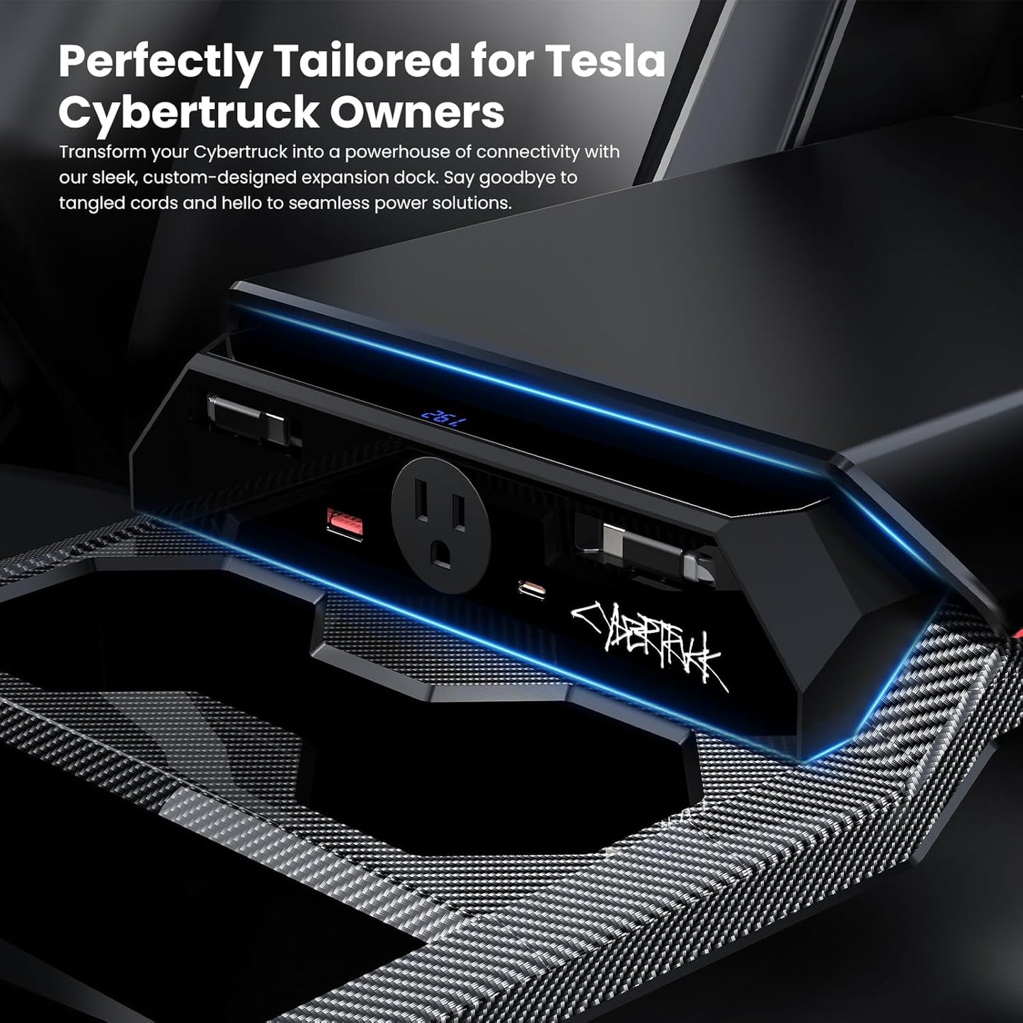 Tesla Cybertruck USB Charger Hub with 110V AC Outlet & Retractable Cables - Seamless Integration, 30W PD/QC3.0 Fast Charge, Center Console Docking Station for Cybertruck Accessories